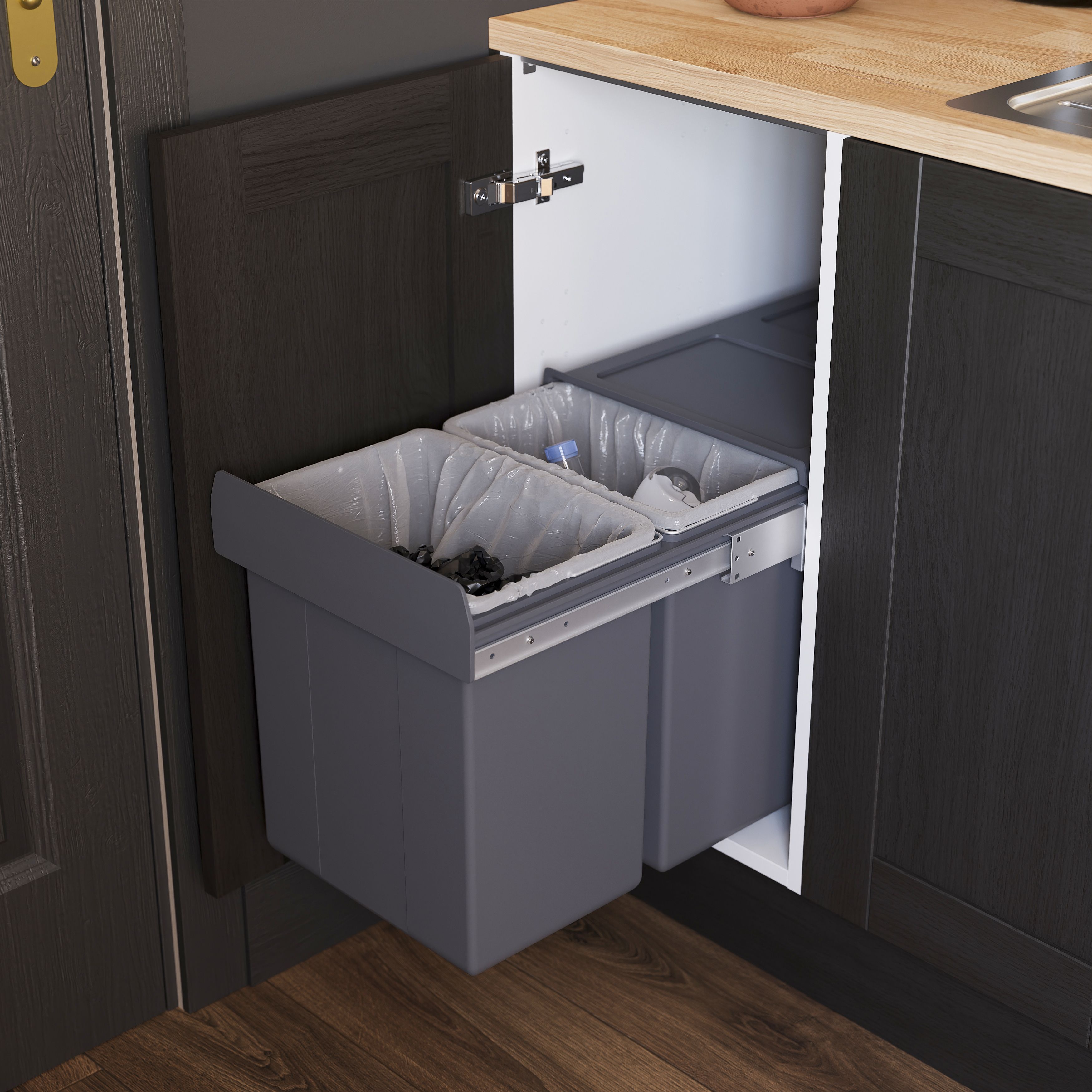 GoodHome Vigote Anthracite Integrated Kitchen Pull-out bin, - 36L