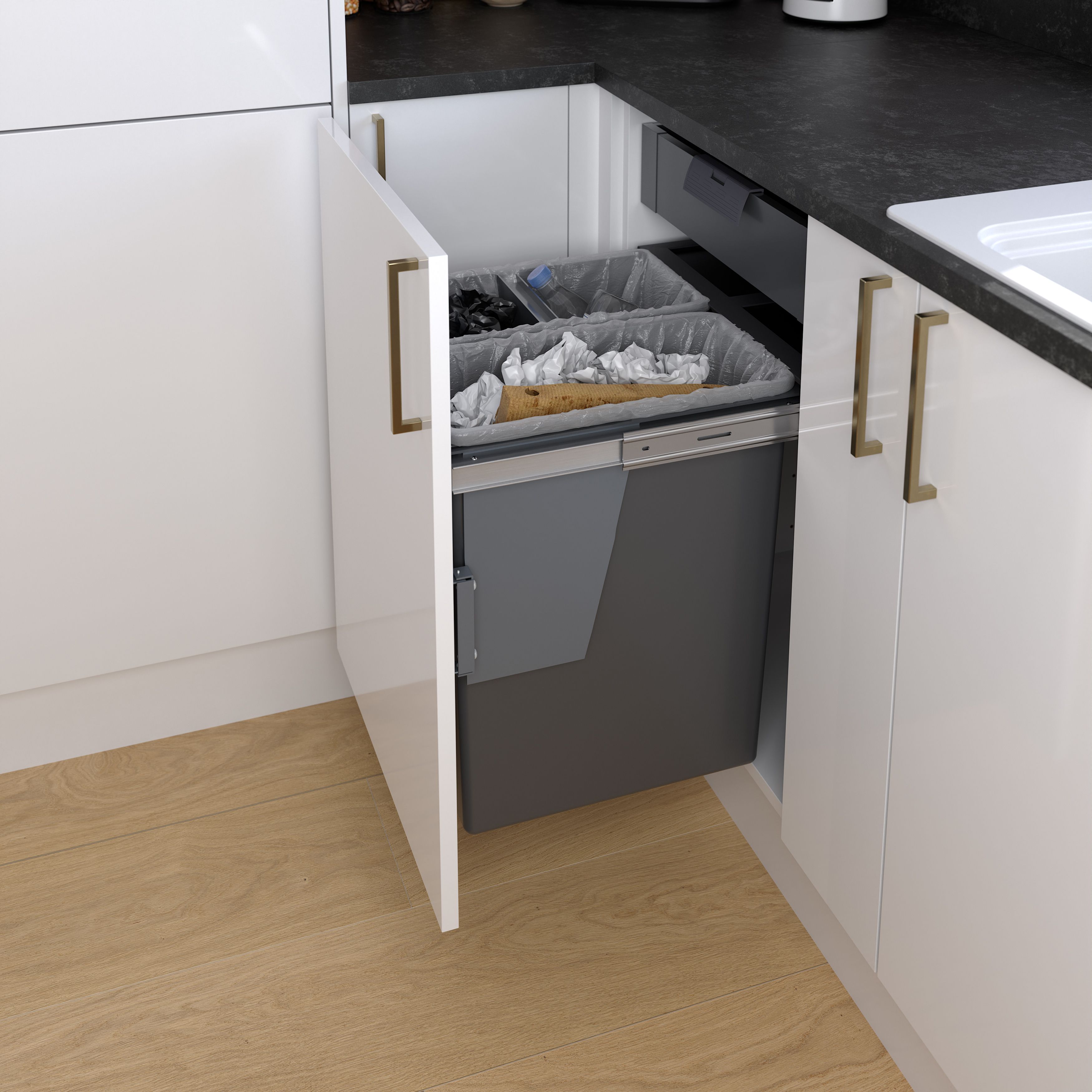 GoodHome Vigote Anthracite Silver effect Integrated Kitchen Pull-out bin, - 64L