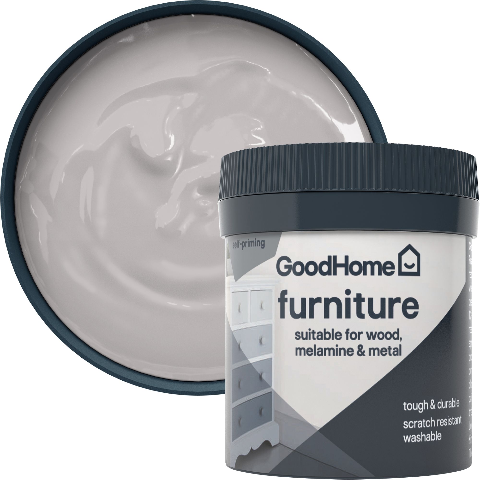 GoodHome White Plains Satin Furniture paint, 80ml Tester pot
