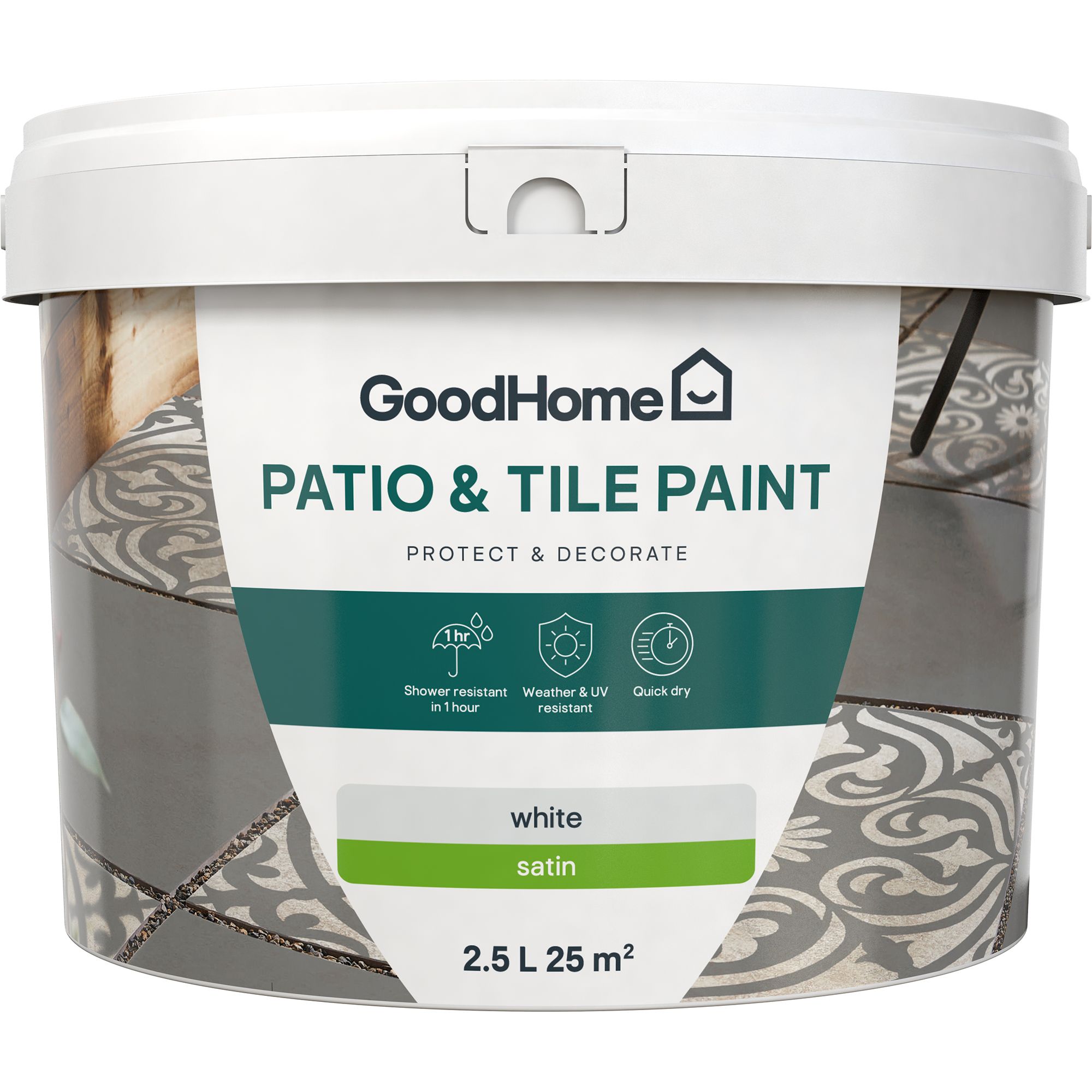 GoodHome White Satin Patio & tile paint, 2.5L Tin