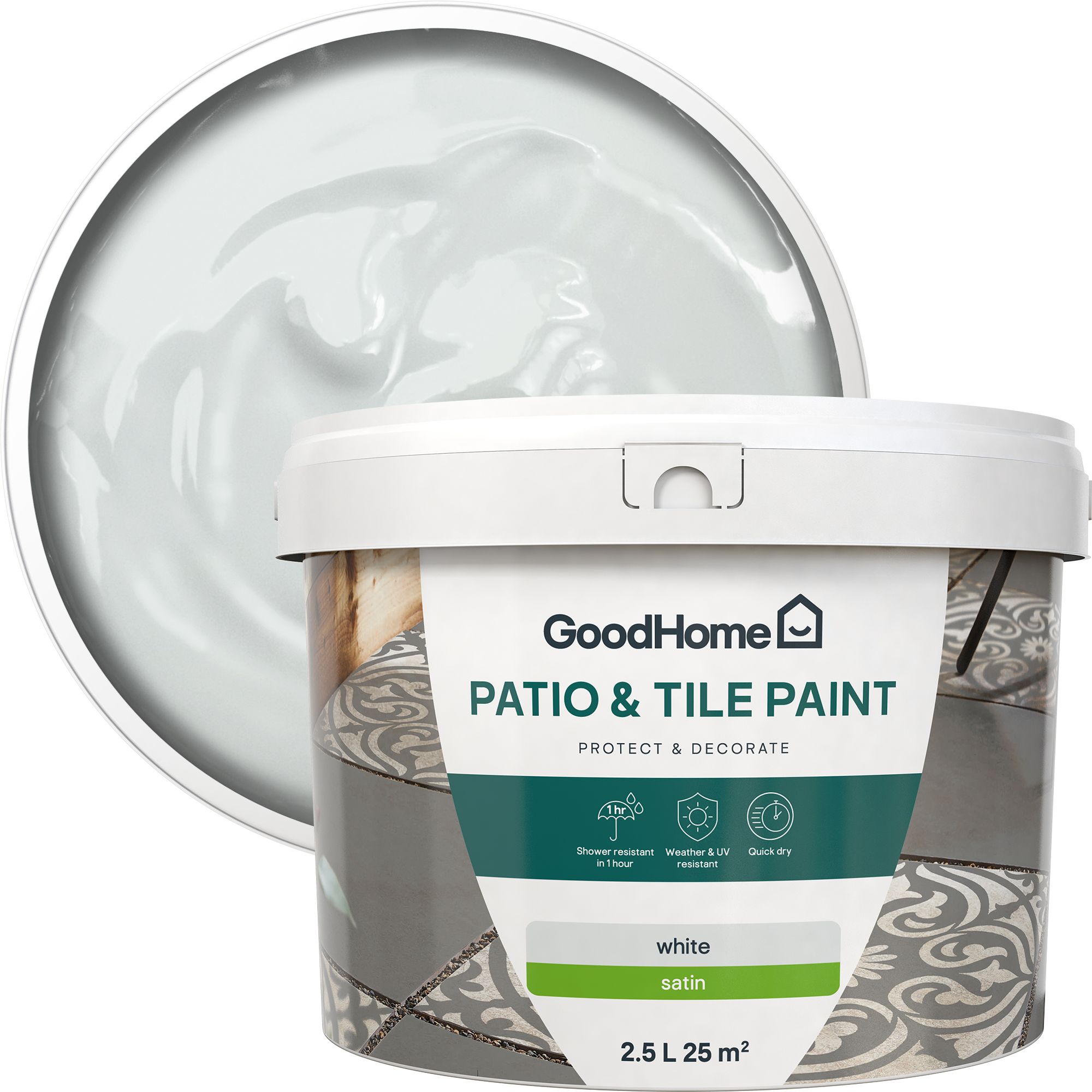 GoodHome White Satin Patio & tile paint, 2.5L Tin