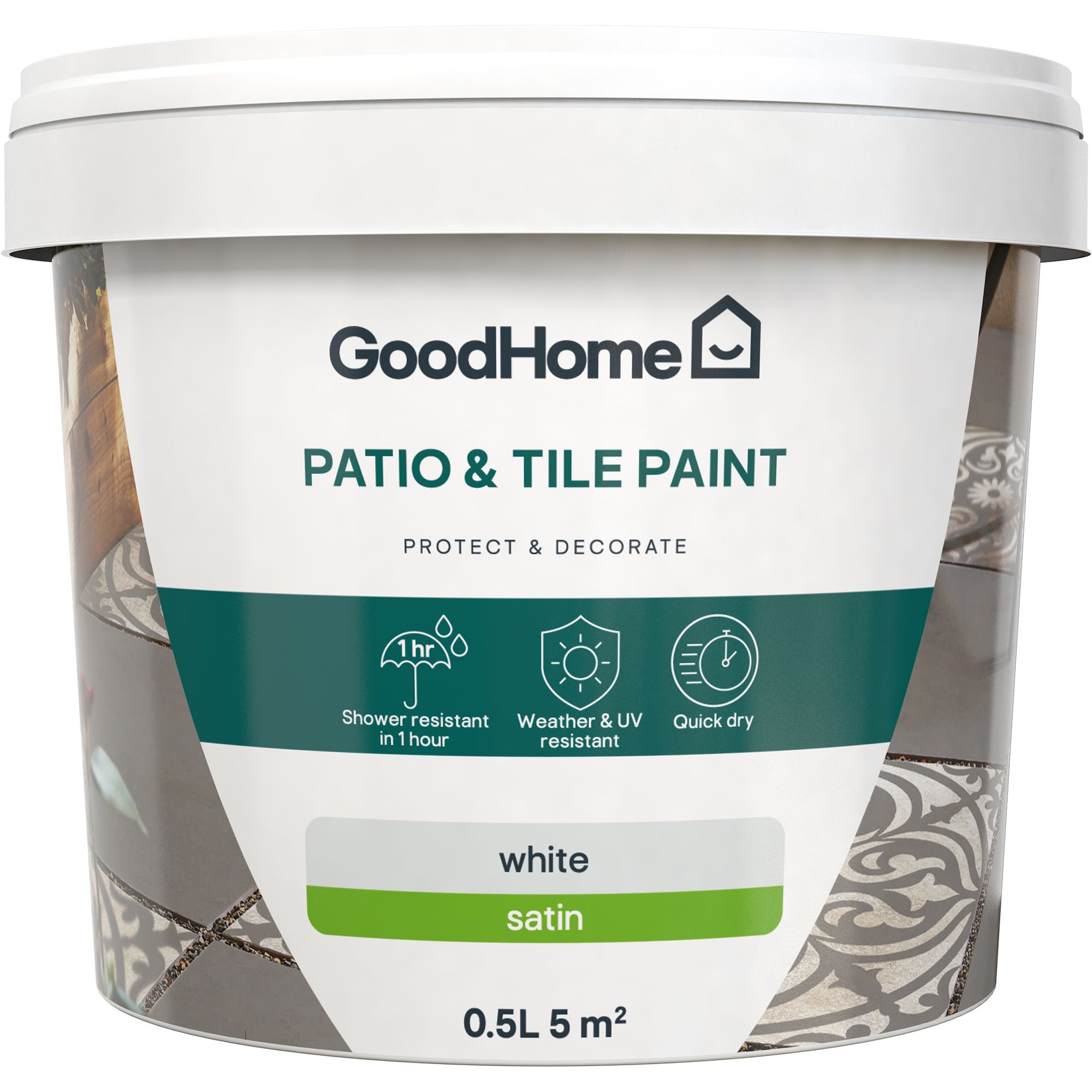 GoodHome White Satin Patio & tile paint, 500ml Tin