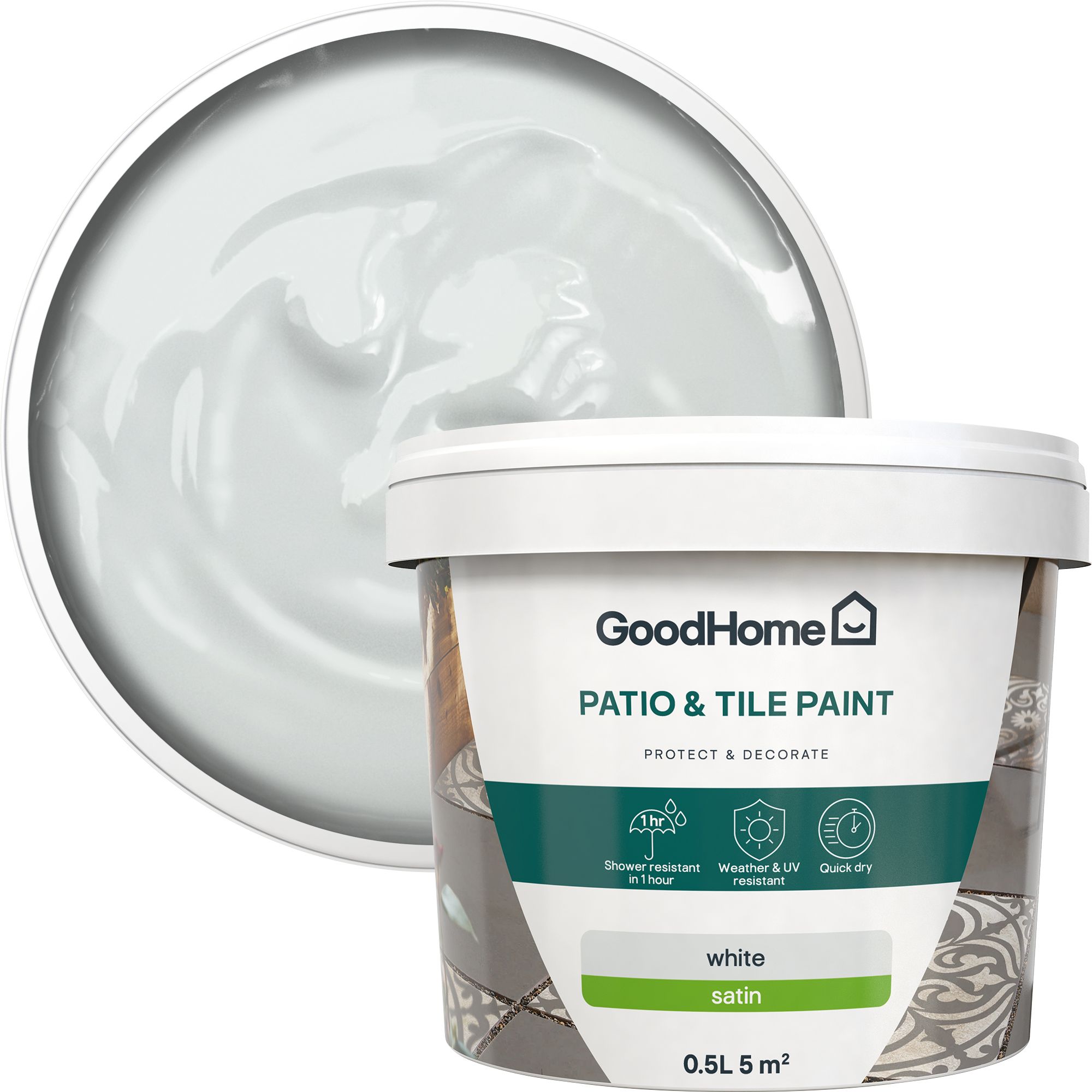 GoodHome White Satin Patio & tile paint, 500ml Tin