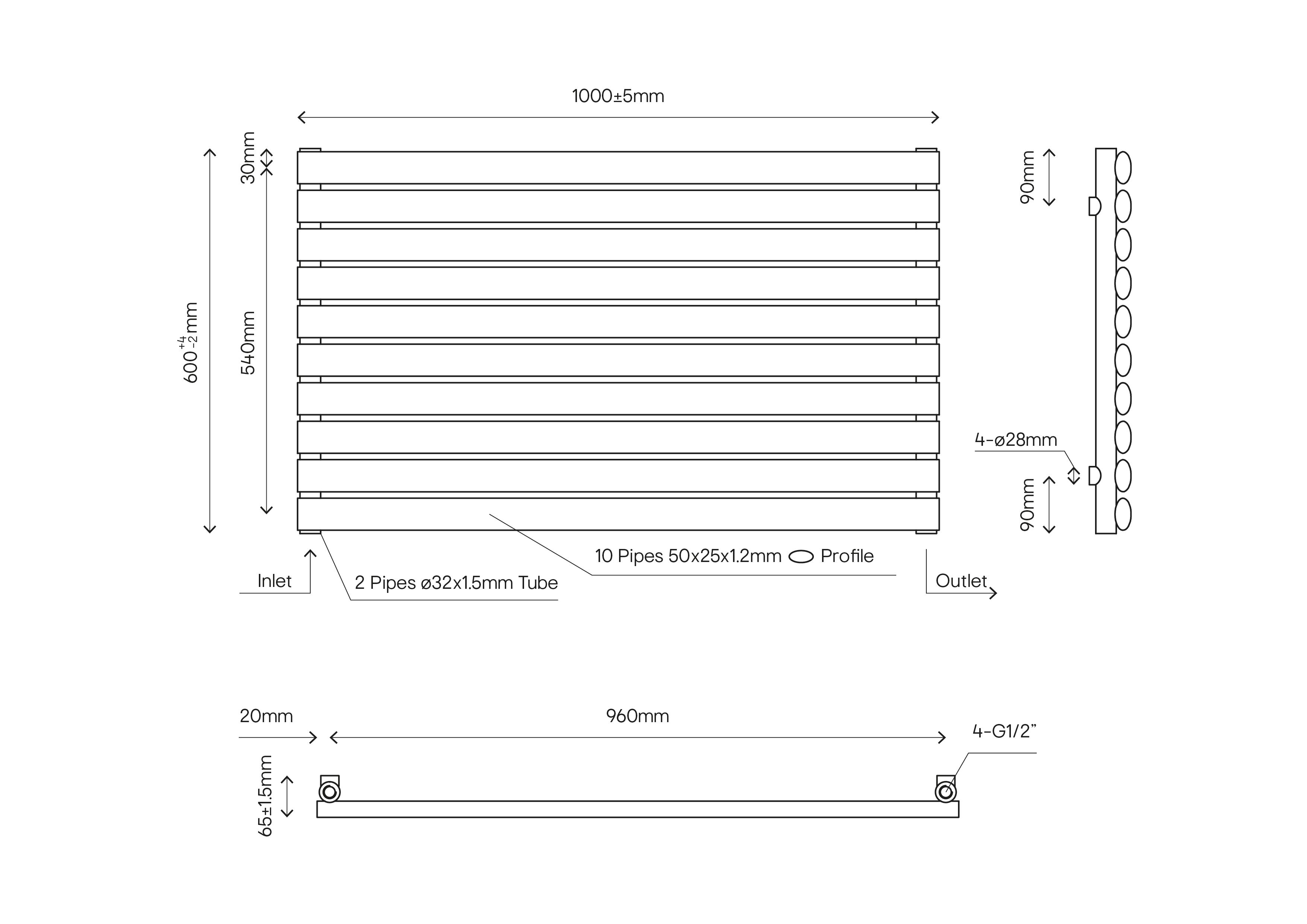 GoodHome Wickham Anthracite Horizontal Designer Radiator, (W)1000mm x (H)600mm