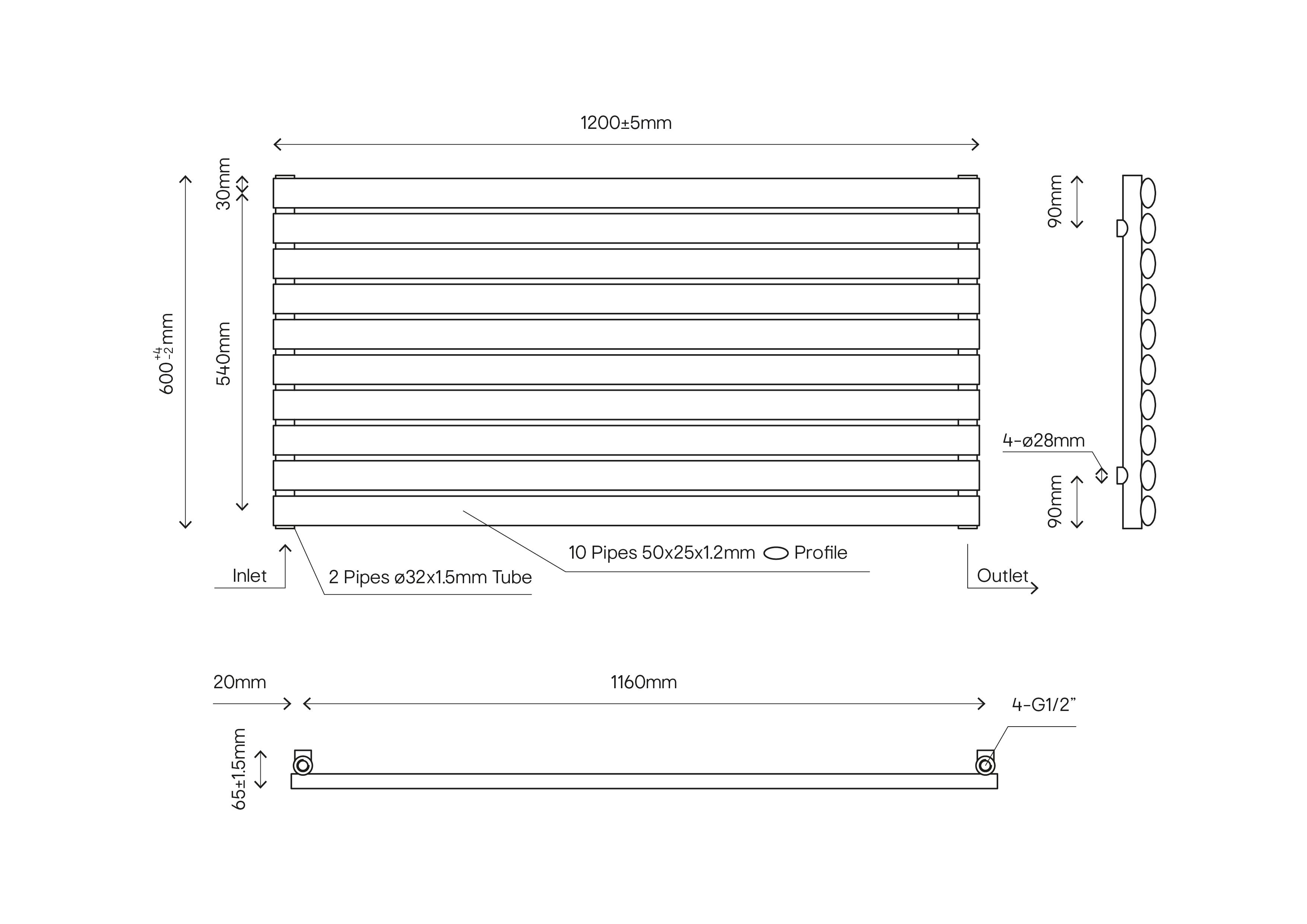 GoodHome Wickham Anthracite Horizontal Designer Radiator, (W)1200mm x (H)600mm