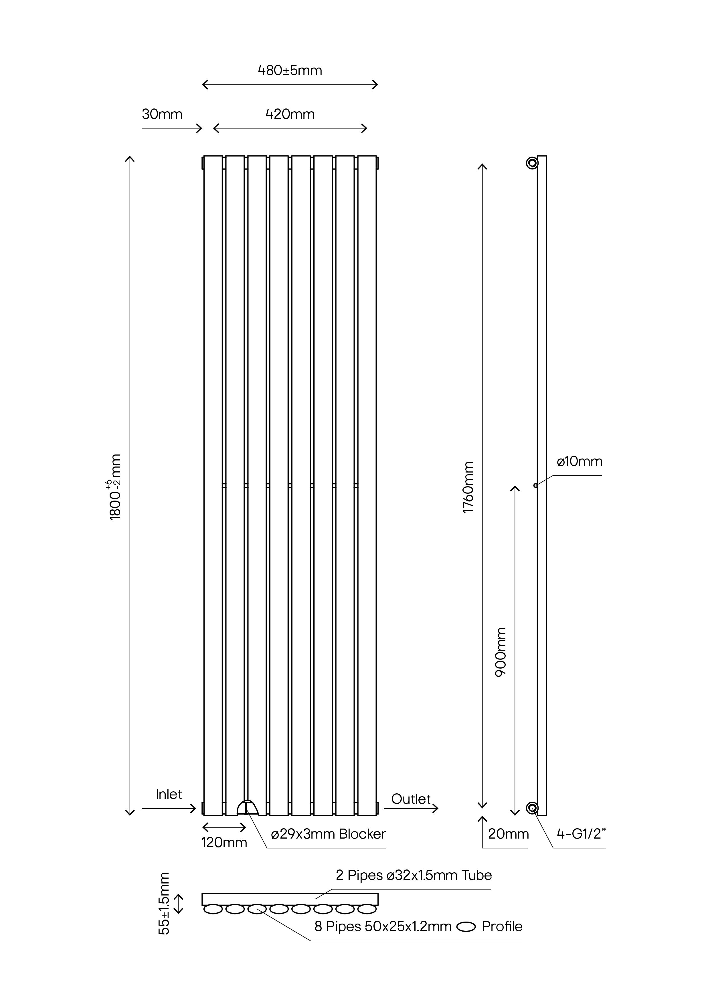 GoodHome Wickham Anthracite Vertical Designer Radiator, (W)480mm x (H)1800mm