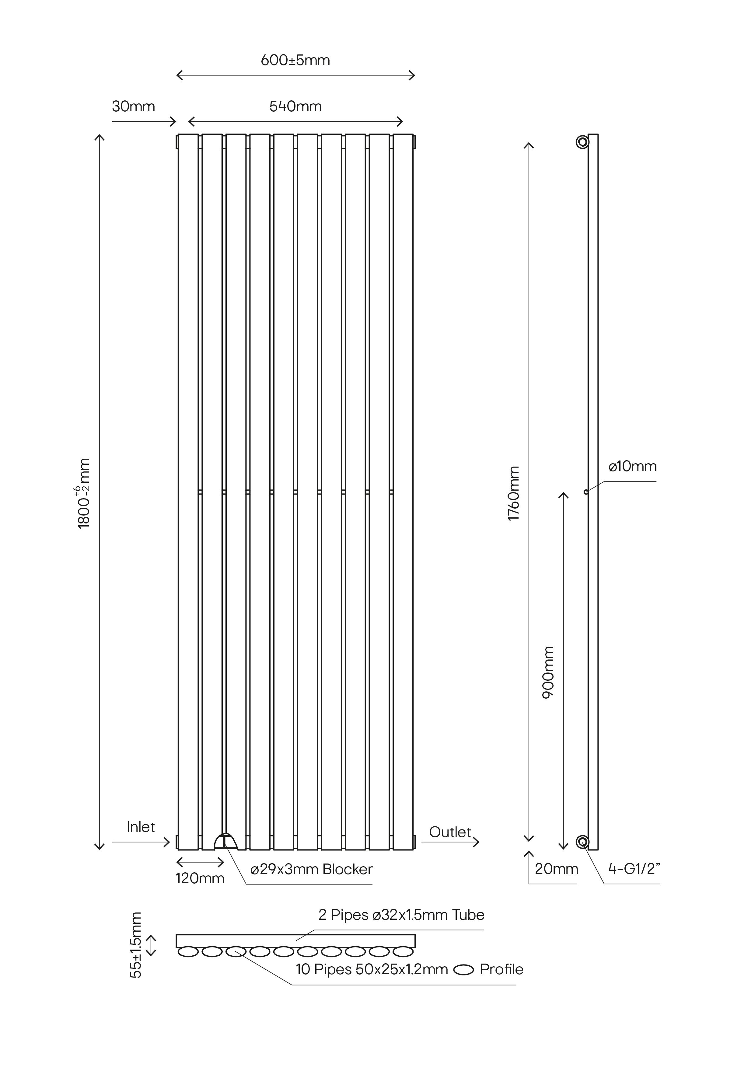 GoodHome Wickham Anthracite Vertical Designer Radiator, (W)600mm x (H)1800mm