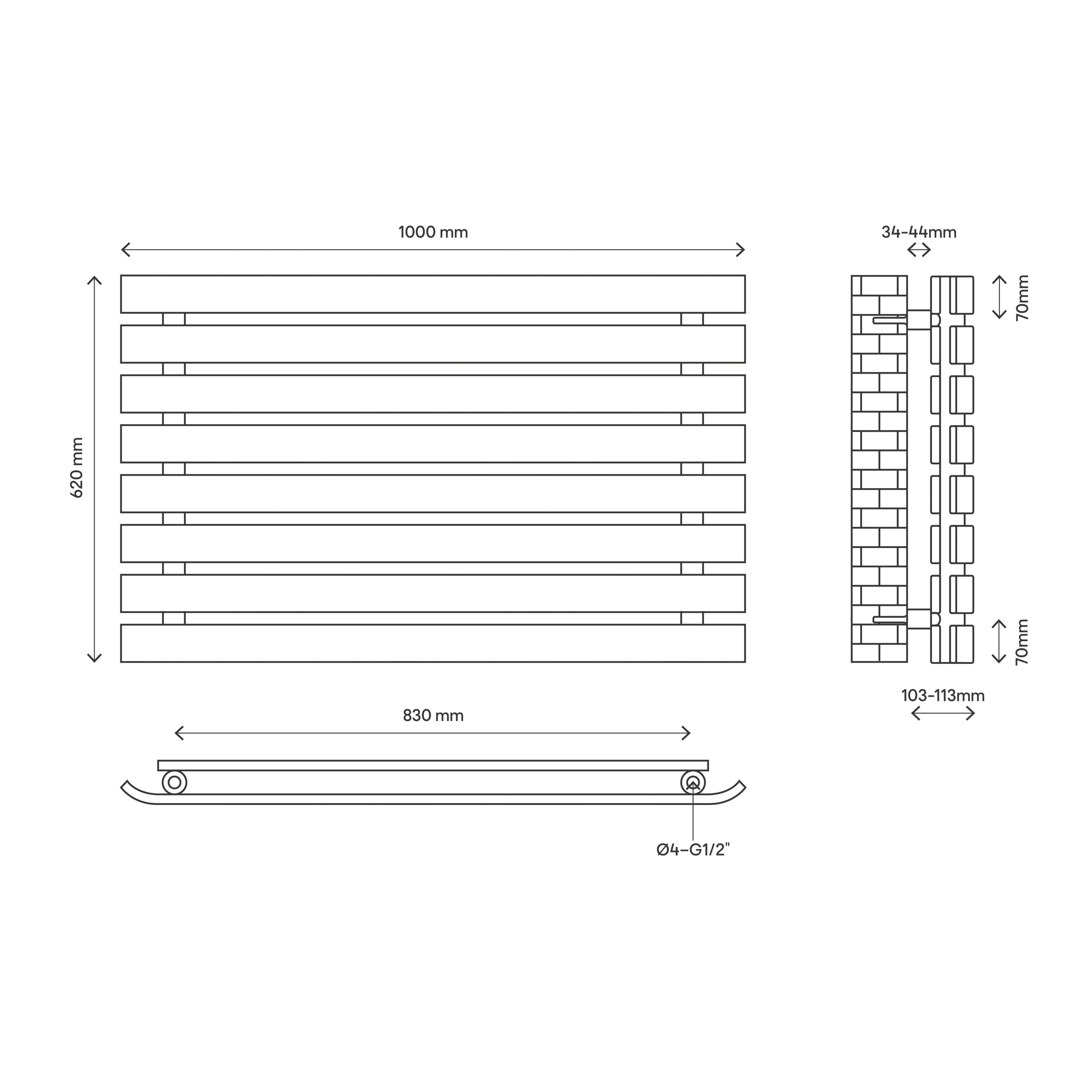 GoodHome Wilsona Double Anthracite Horizontal Designer Radiator, (W)1000mm x (H)620mm
