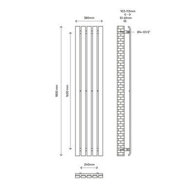 GoodHome Wilsona Grey Vertical Designer Radiator, (W)380mm x (H)1800mm