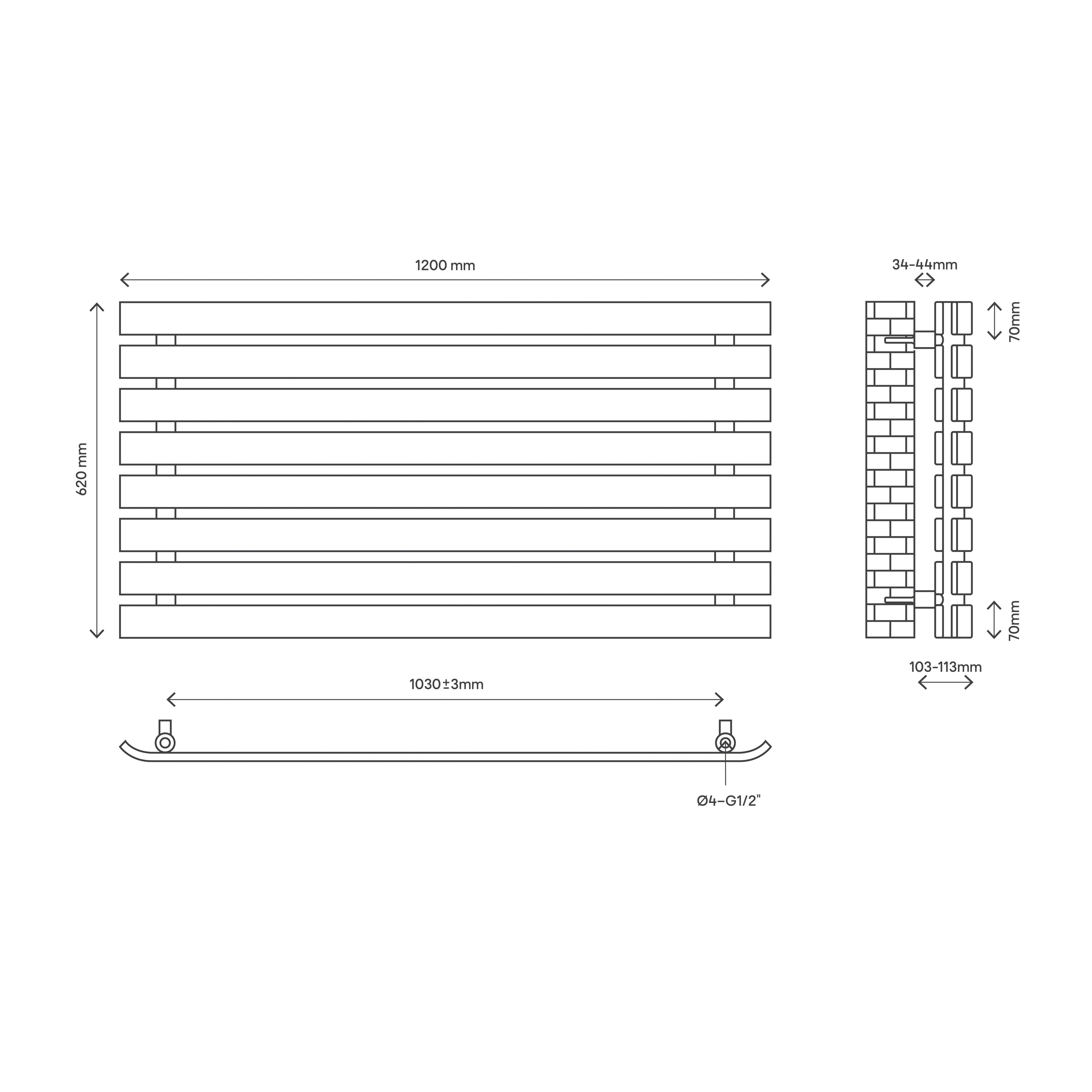GoodHome Wilsona Single Grey Horizontal Designer Radiator, (W)1200mm x (H)620mm