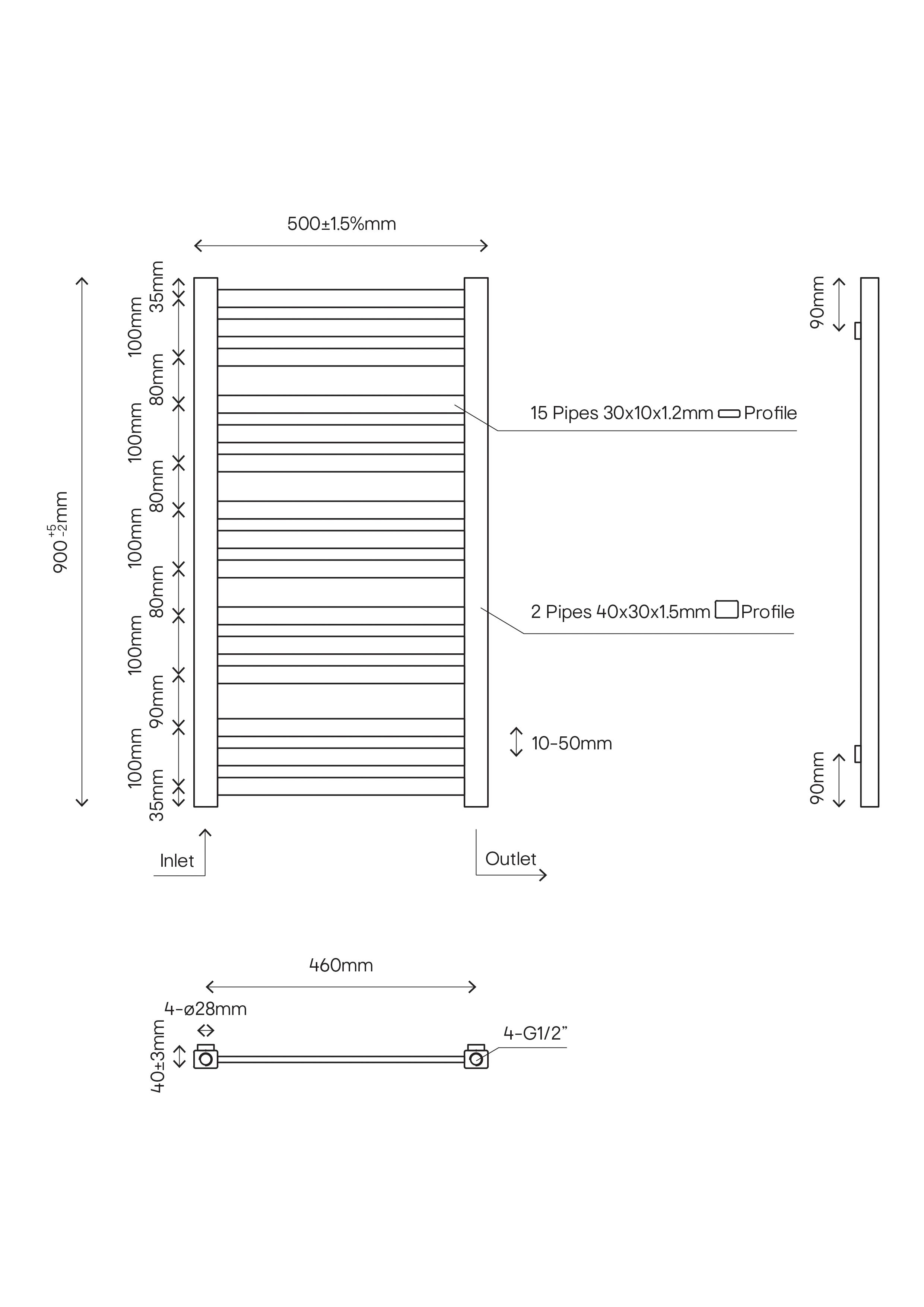 GoodHome Wolfsbane Silver effect 1381BTU Vertical Towel radiator (W)500mm x (H)900mm