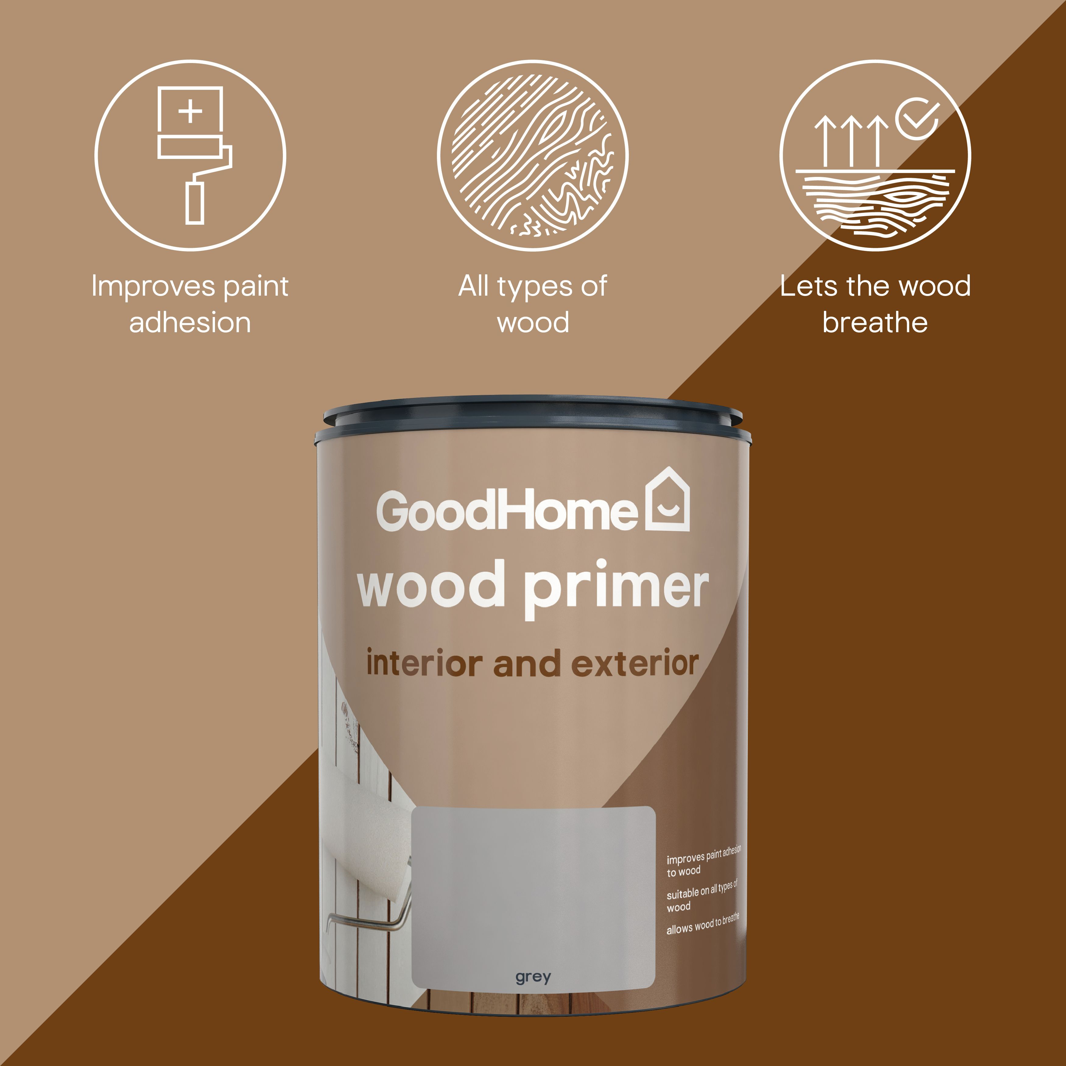 GoodHome Wood Grey Multi-surface Wood Primer & undercoat, 750ml
