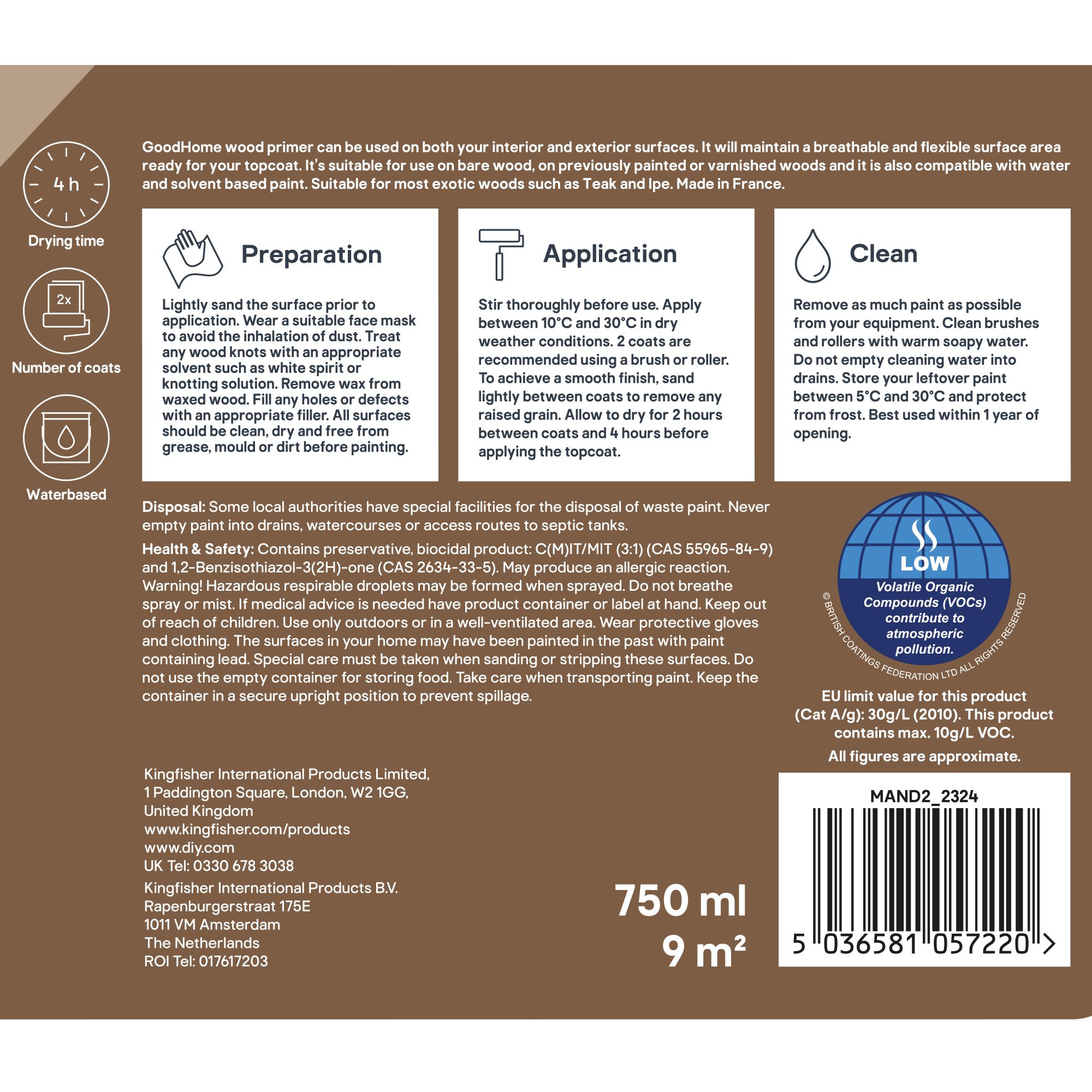 GoodHome Wood Grey Multi-surface Wood Primer & undercoat, 750ml