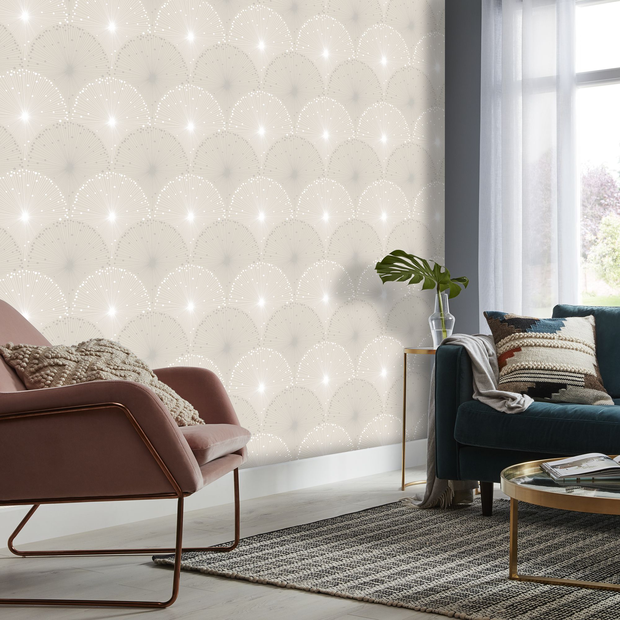 GoodHome Zamia Beige Silver effect Art deco Textured Wallpaper