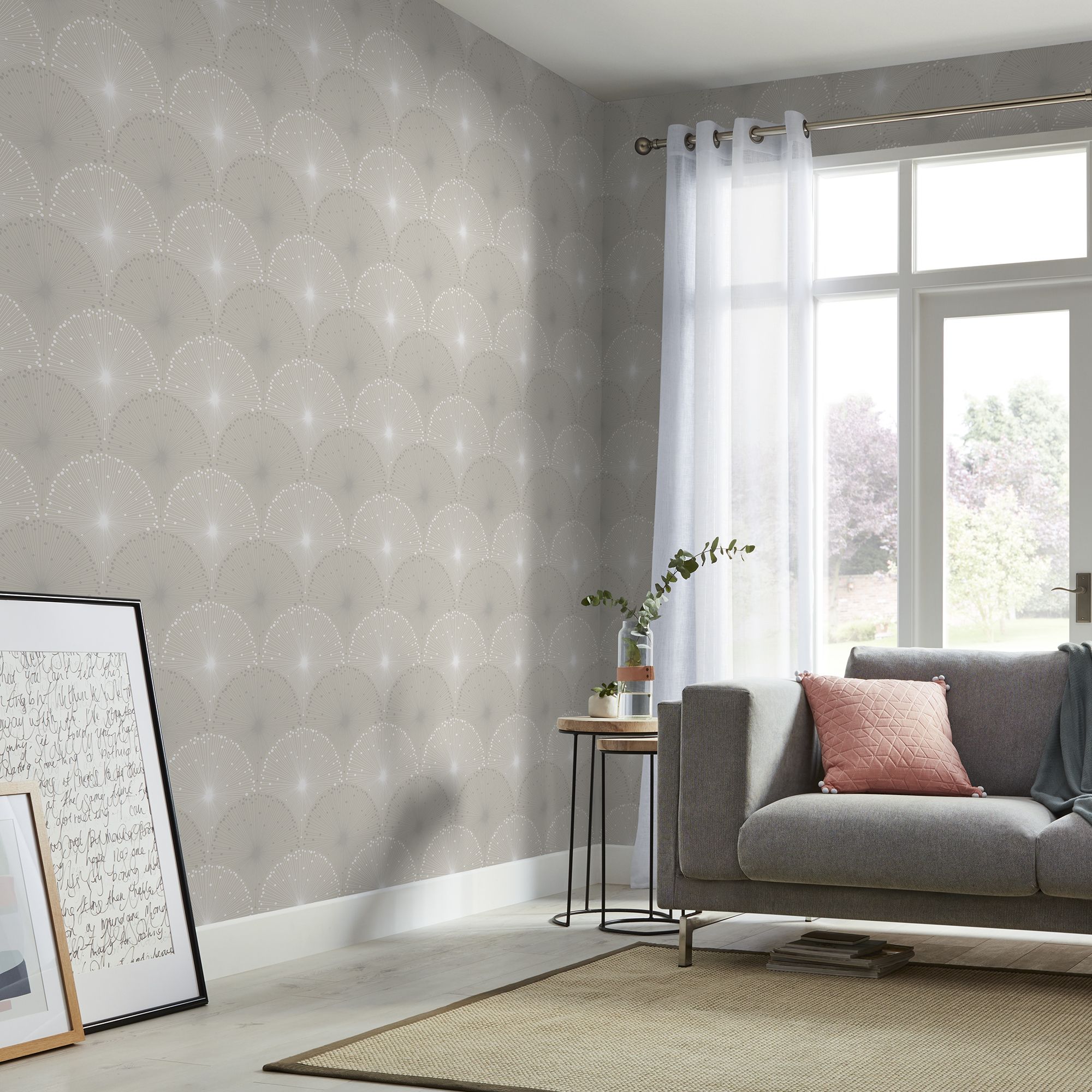 GoodHome Zamia Beige Silver effect Art deco Textured Wallpaper