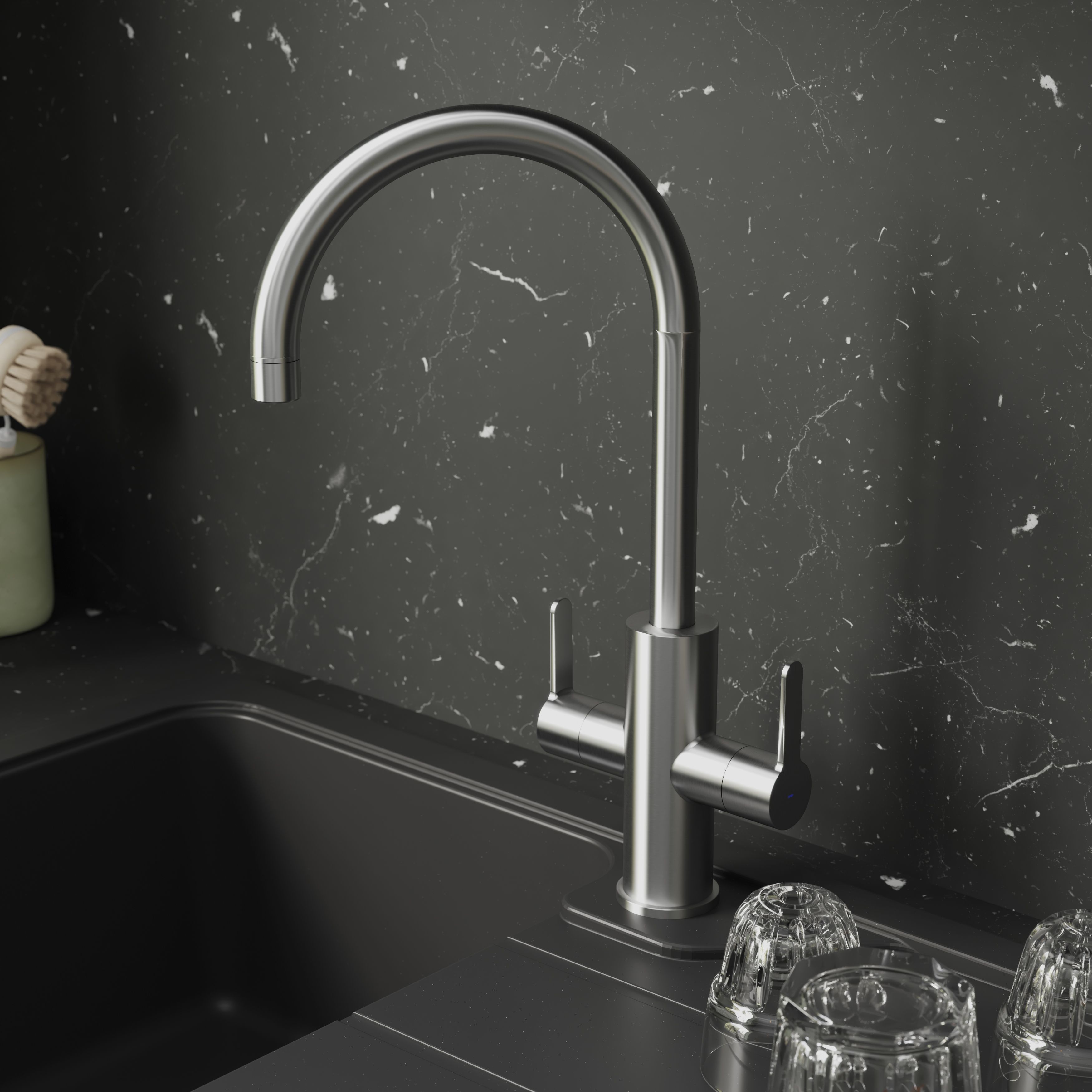 GoodHome Zanthe Stainless steel effect Kitchen Twin lever Tap