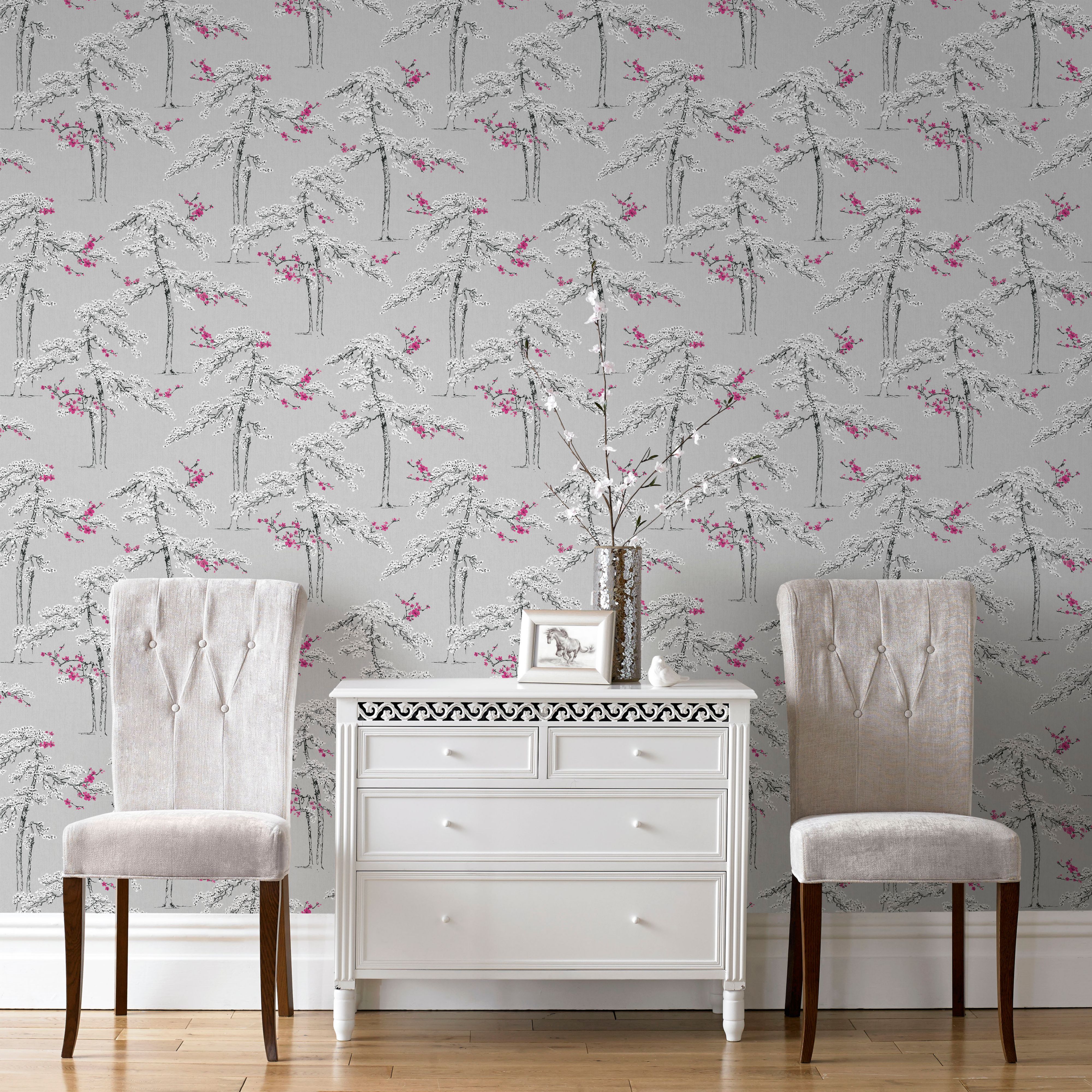 GoodHome Zumrut Grey & plum Birds & foliage Textured Wallpaper