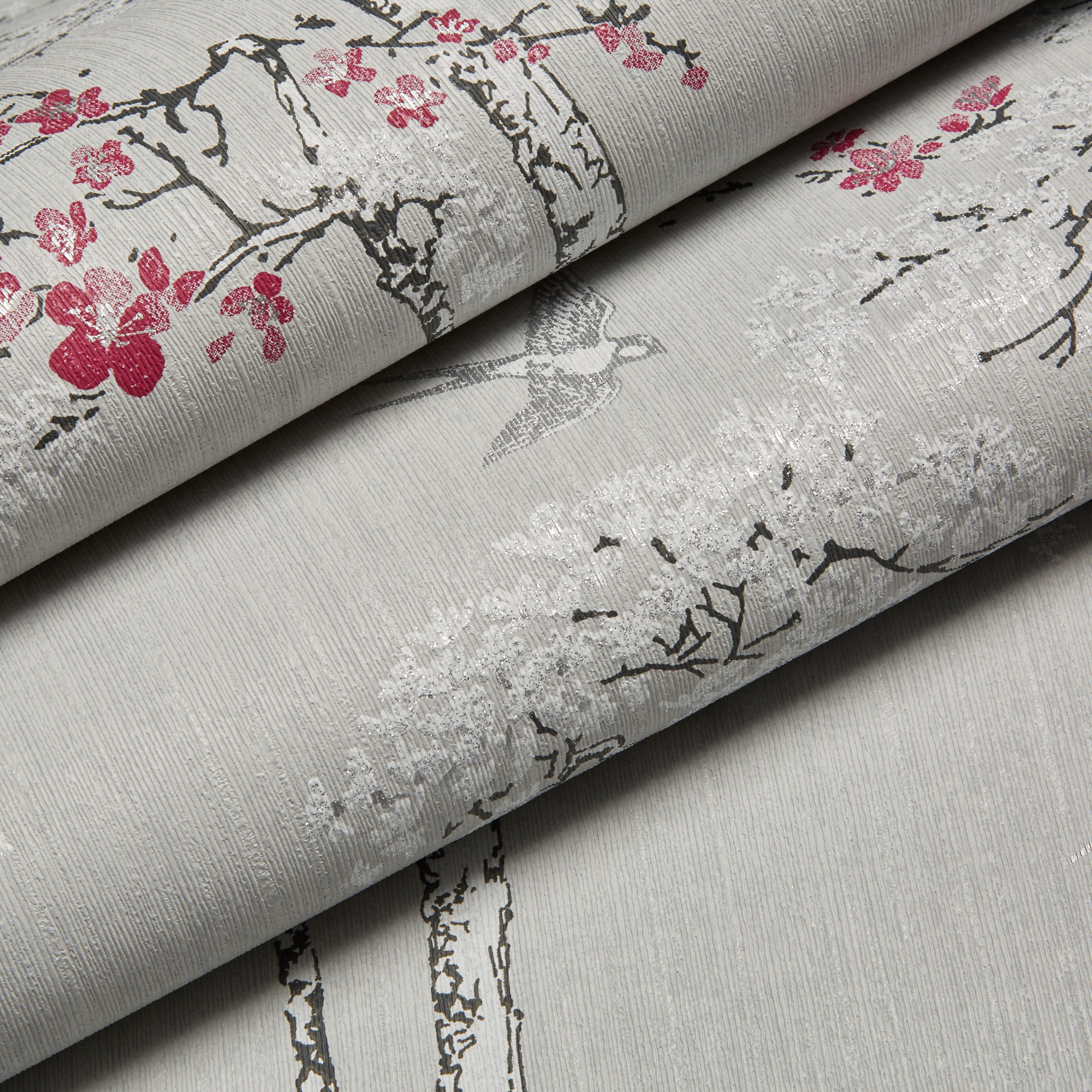 GoodHome Zumrut Grey & plum Birds & foliage Textured Wallpaper