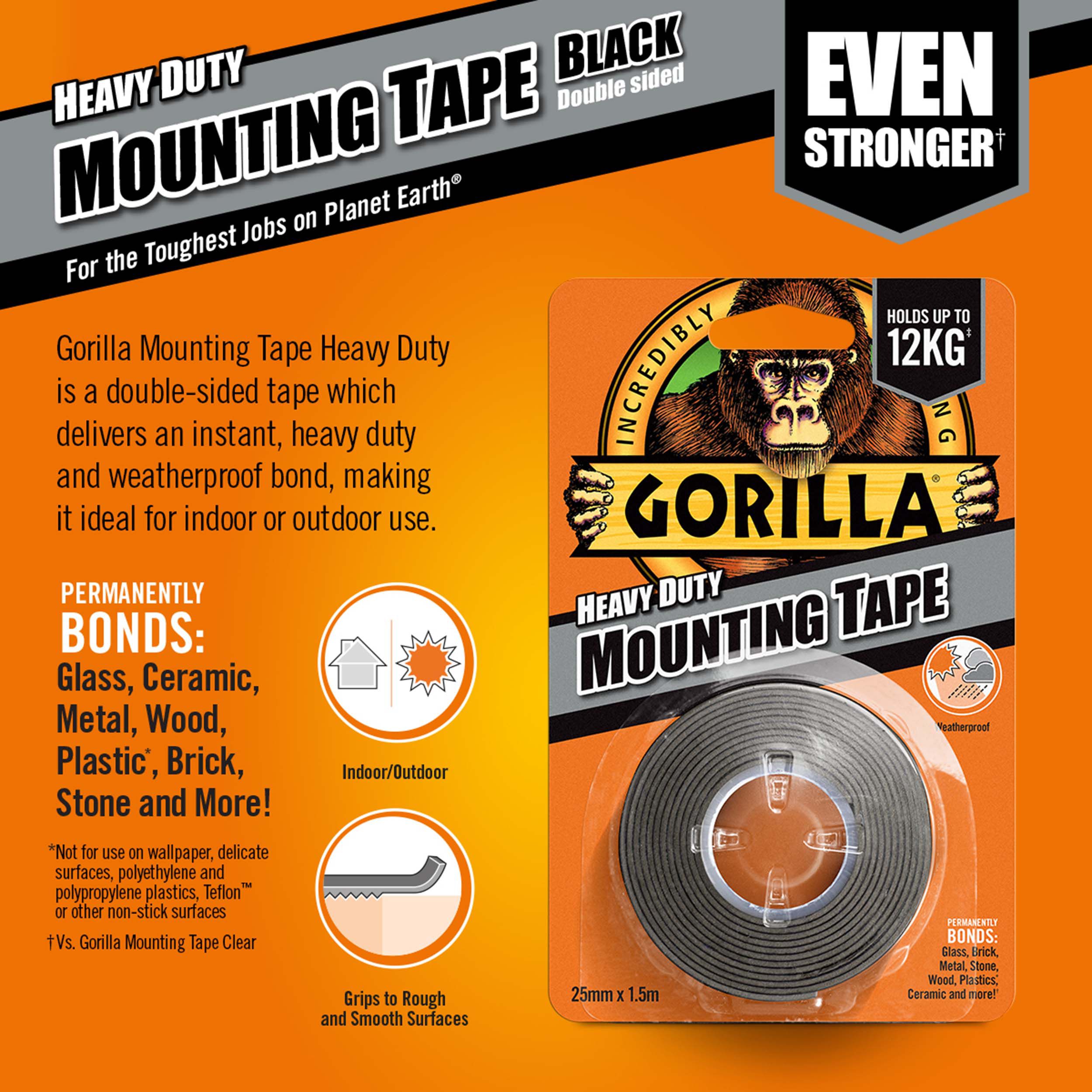 Gorilla Black Mounting Tape (L)1.5m (W)25.4mm