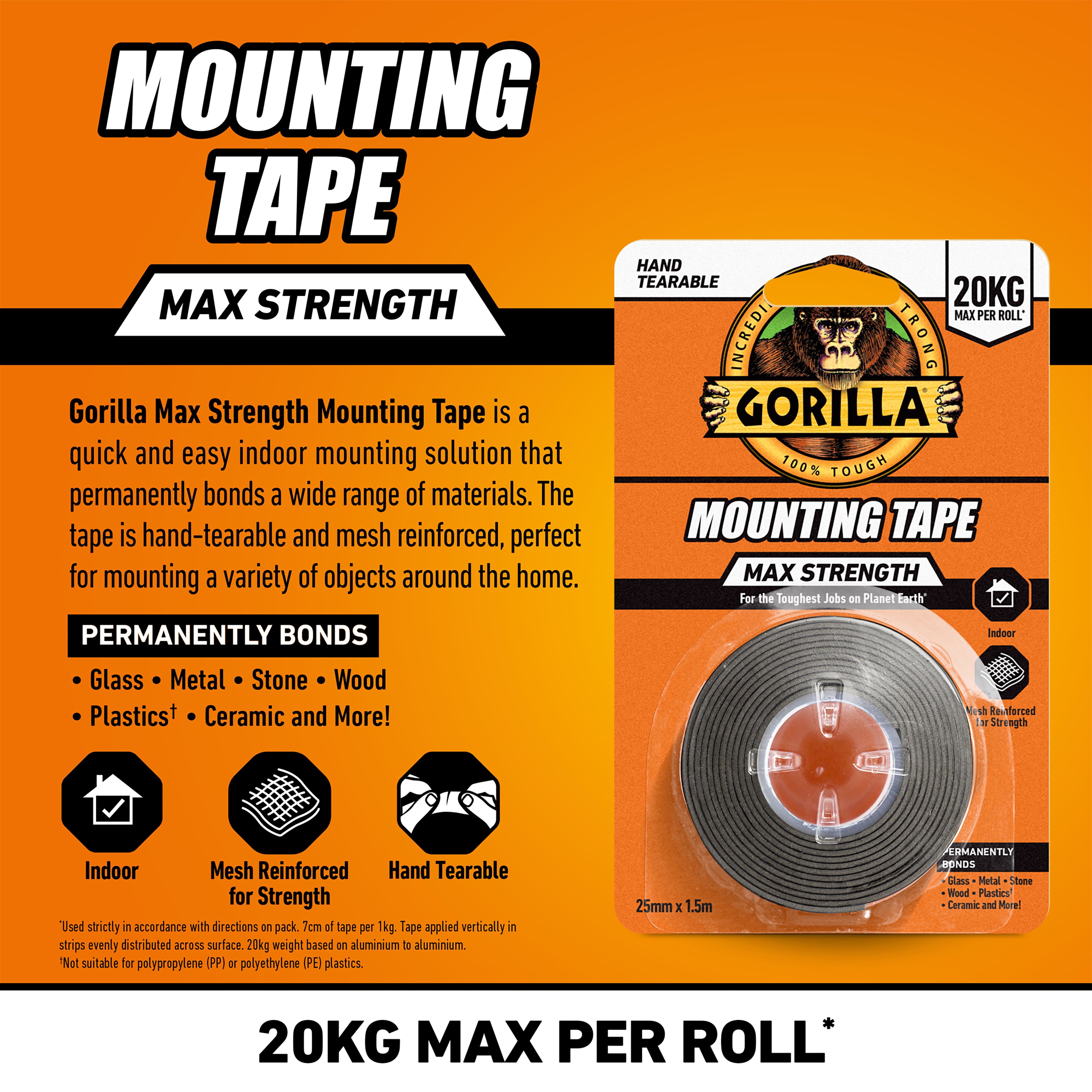 Gorilla Max strength Black Mounting Tape (L)1.5m (W)25mm