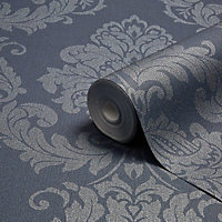 Graham & Brown Gothica Navy Metallic effect Textured Wallpaper