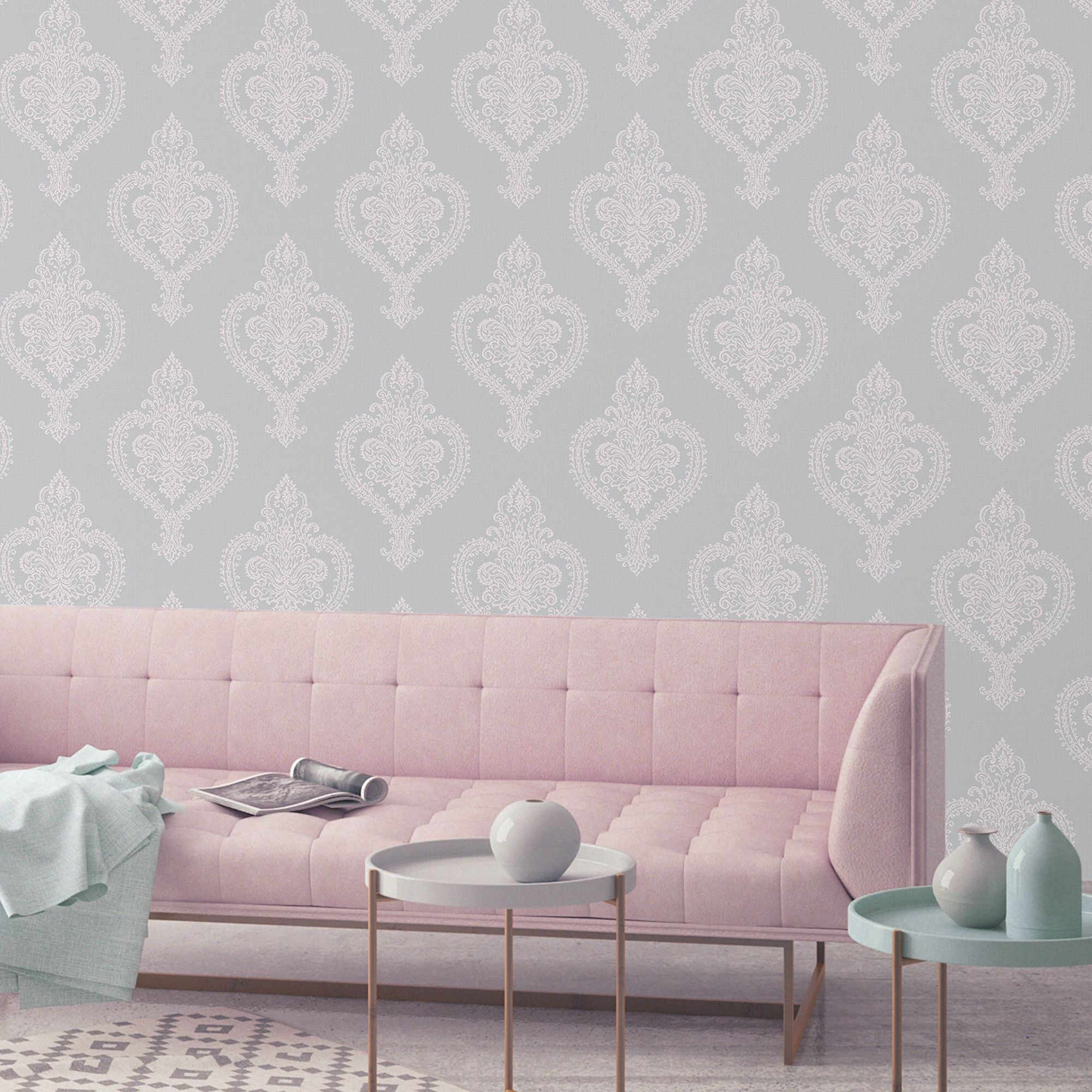 Grandeco Adalyn Blush grey Mica effect Damask Embossed Wallpaper Sample