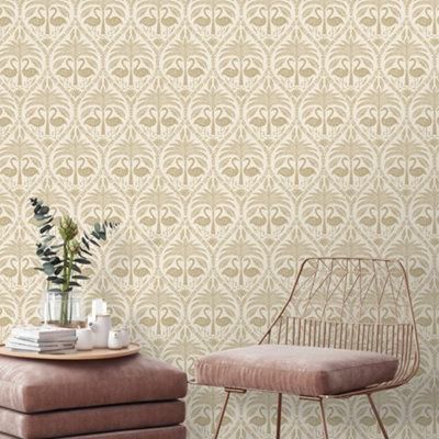 Grandeco Beige Metallic effect Flamingo Embossed Wallpaper