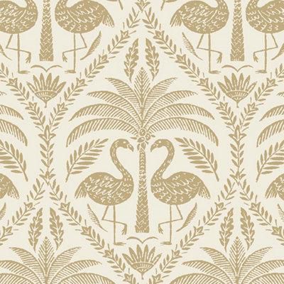 Grandeco Beige Metallic effect Flamingo Embossed Wallpaper