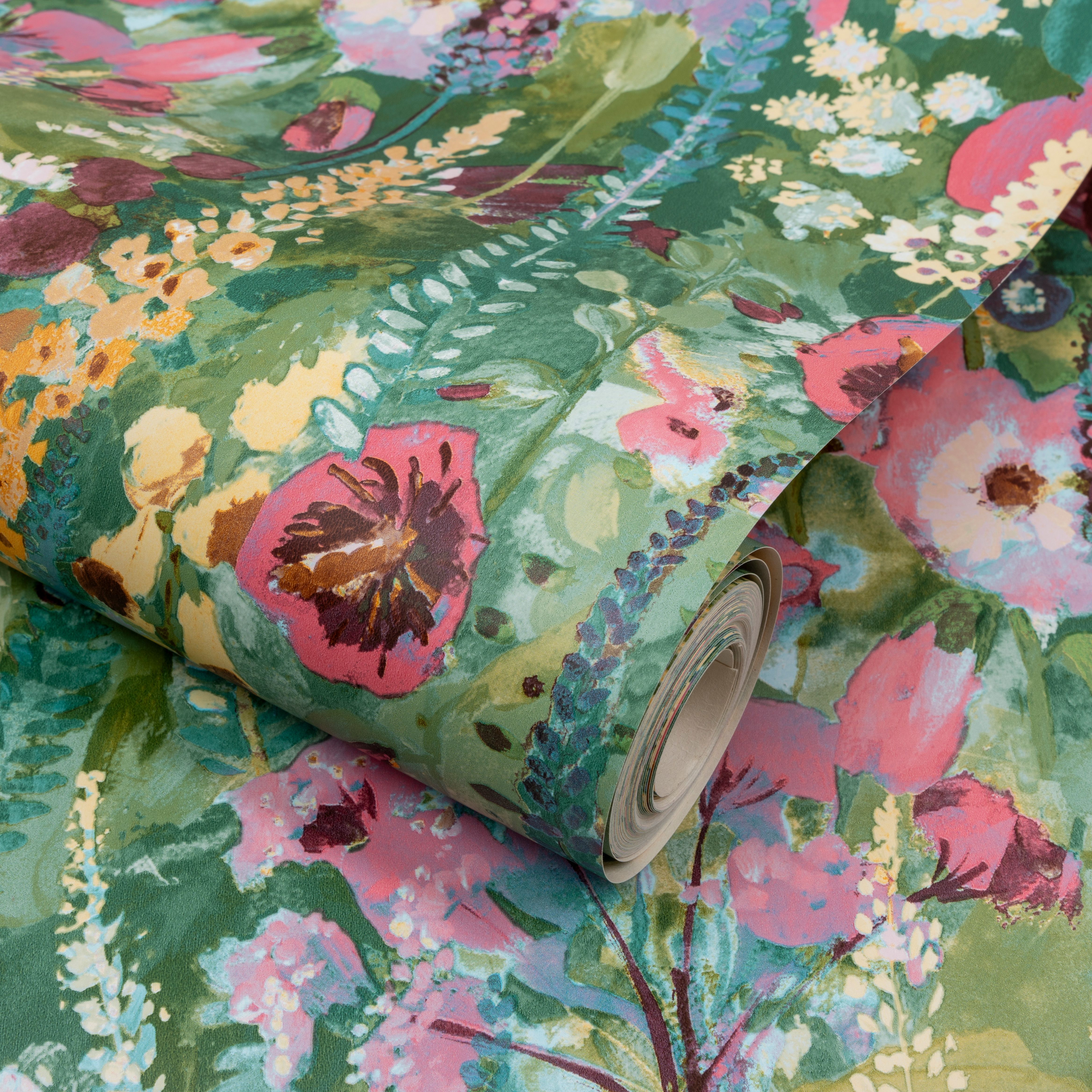 Grandeco Green Delphinium Floral Patterned Smooth Wallpaper