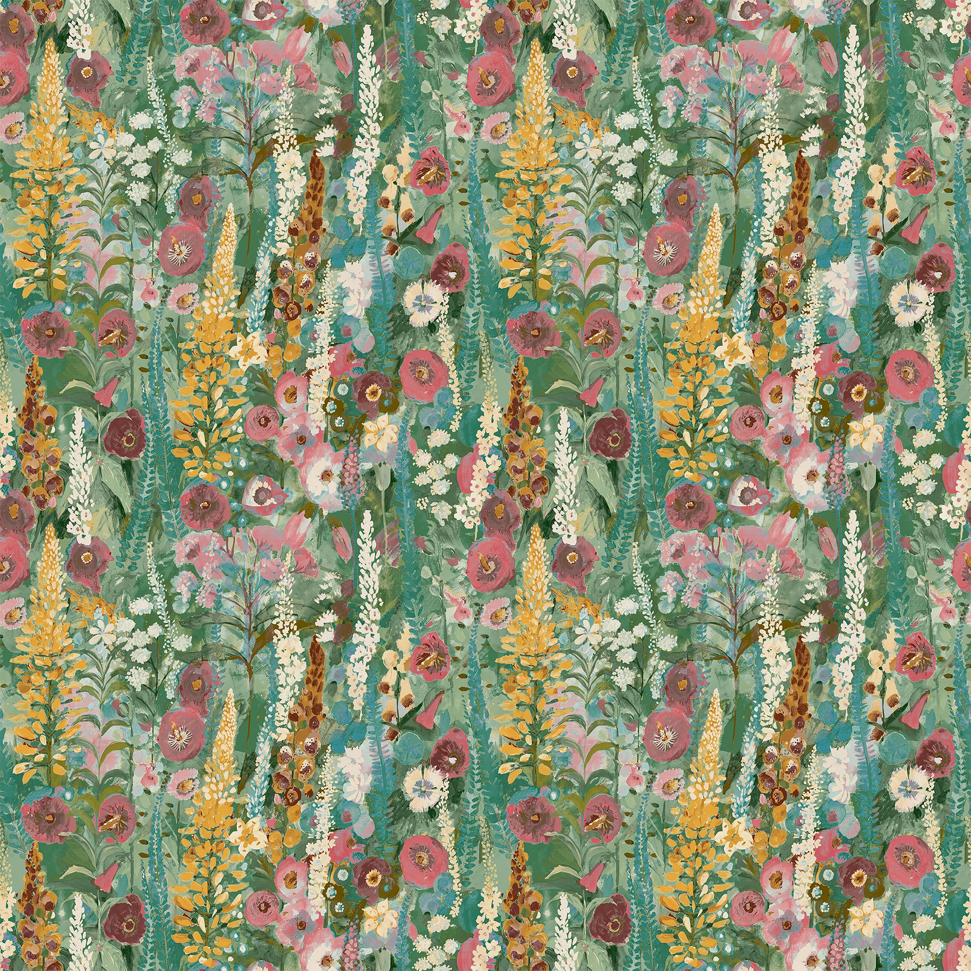 Grandeco Green Delphinium Floral Patterned Smooth Wallpaper