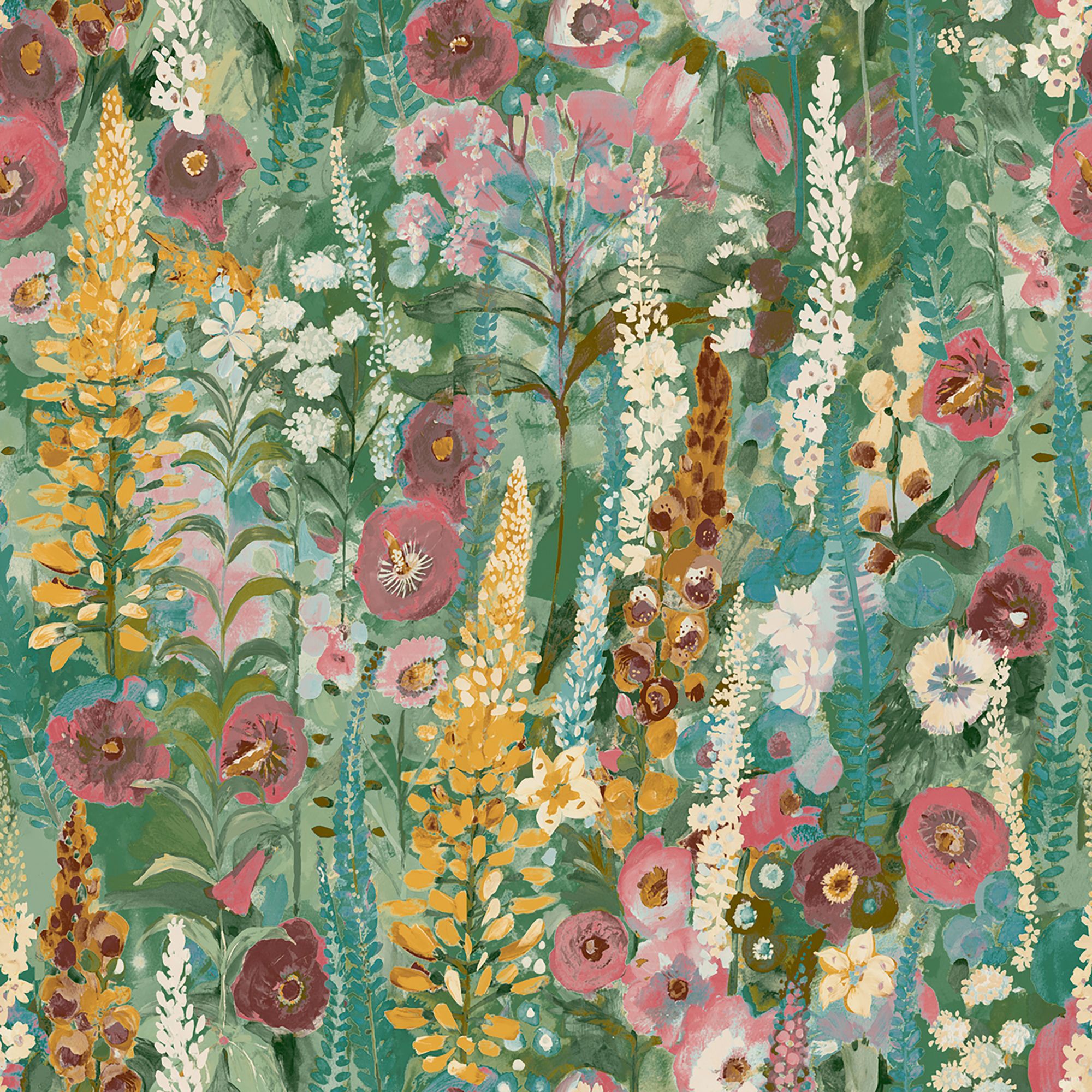 Grandeco Green Delphinium Floral Patterned Smooth Wallpaper