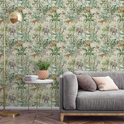 Grandeco Green Safari Jungle Smooth Wallpaper Sample