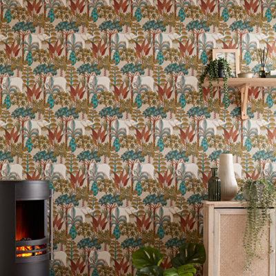 Grandeco Multicolour Elephant Forest Embossed Wallpaper