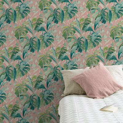 Grandeco Pink Palm Leaves Embossed Wallpaper Sample