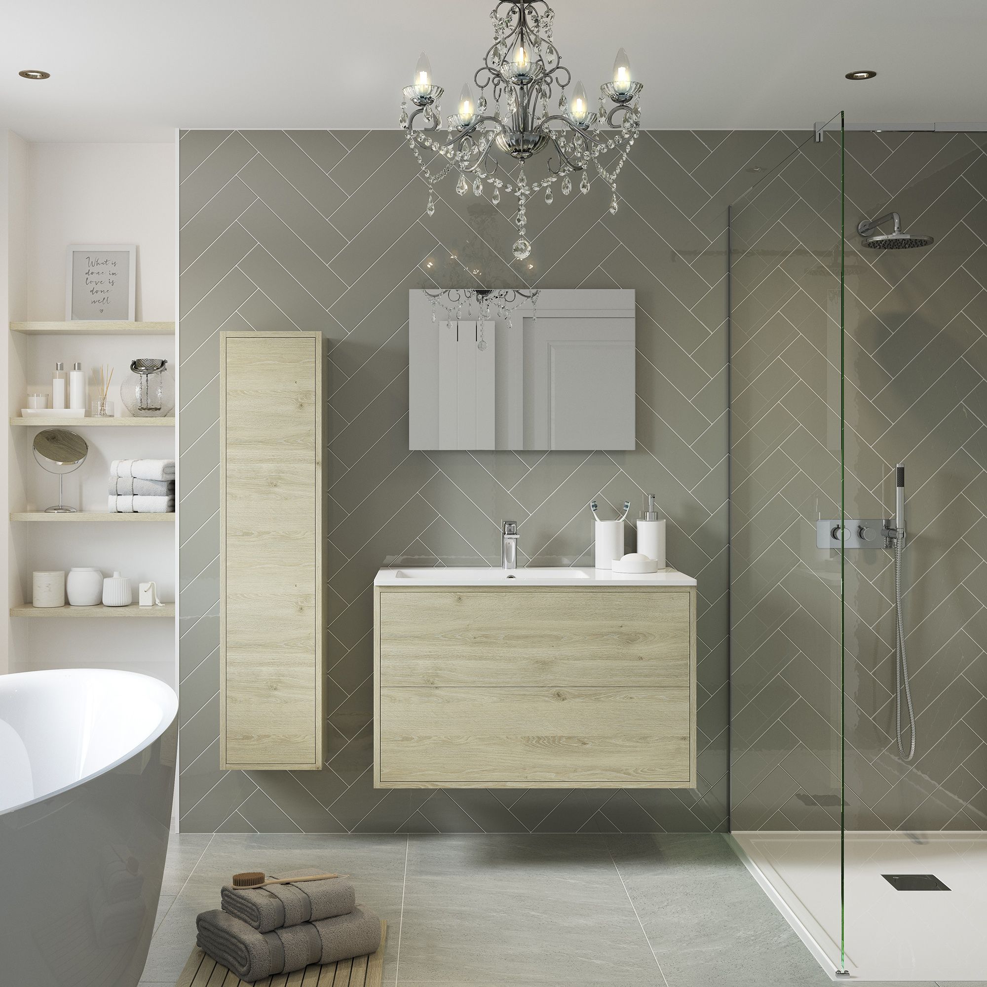 Grasmere Havana Oak effect Wall-mounted Vanity unit & basin set (W)900mm (H)600mm