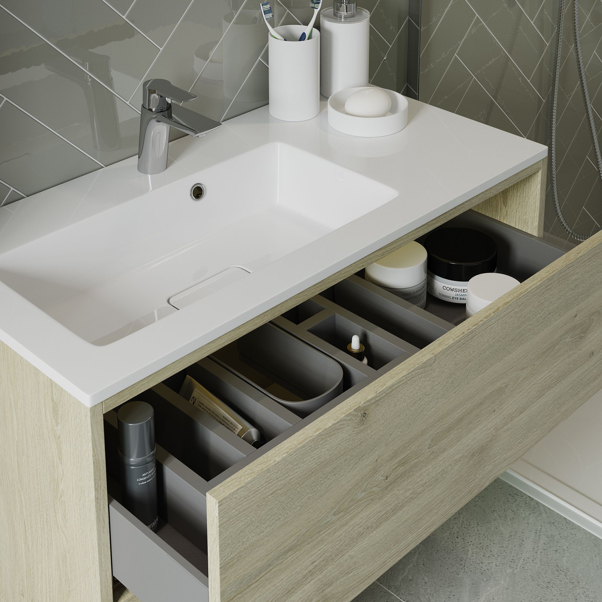 Grasmere Havana Oak effect Wall-mounted Vanity unit & basin set (W)900mm (H)600mm