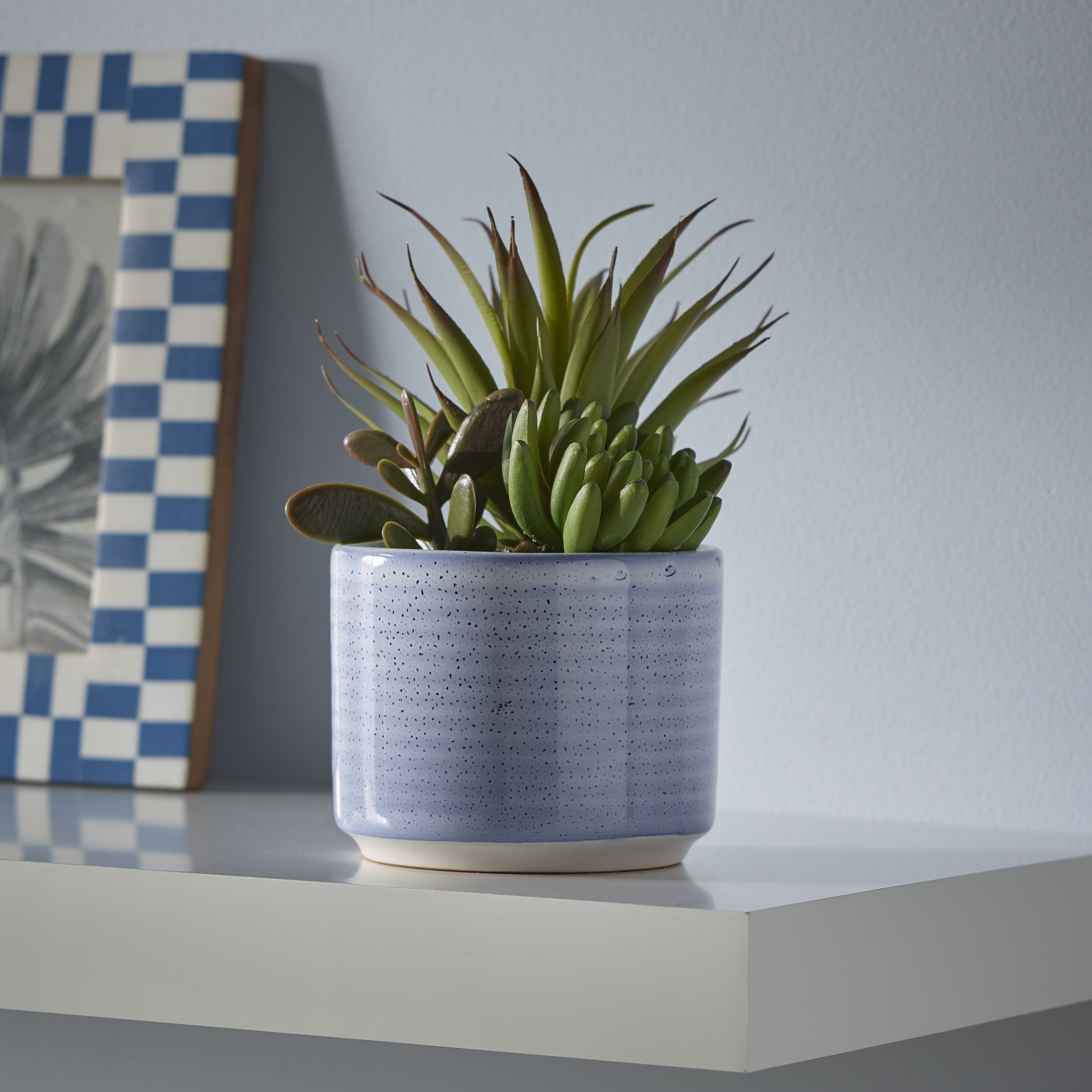 Green 17cm Succulent Pot with artificial plant in Blue Speckled Ceramic Pot