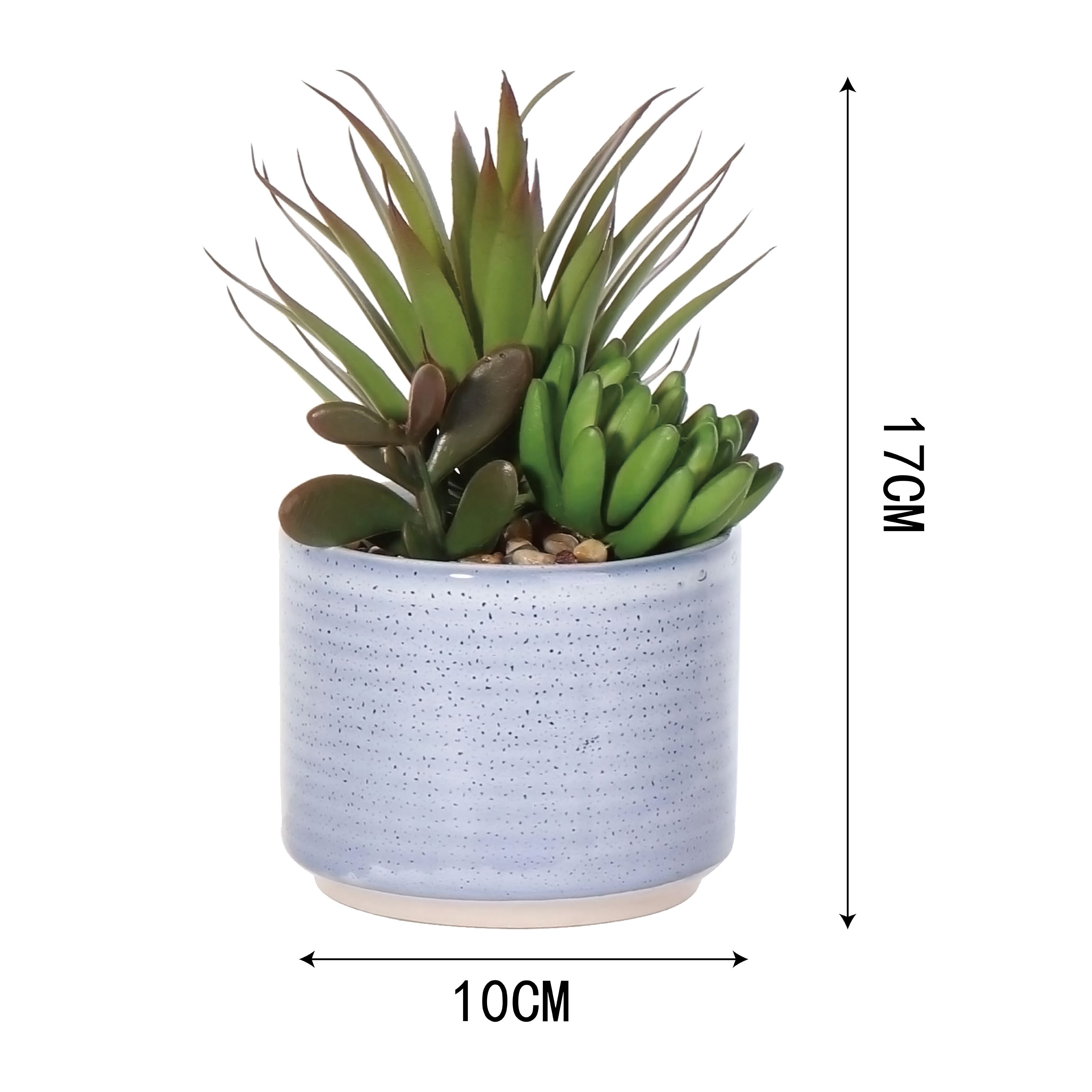 Green 17cm Succulent Pot with artificial plant in Blue Speckled Ceramic Pot
