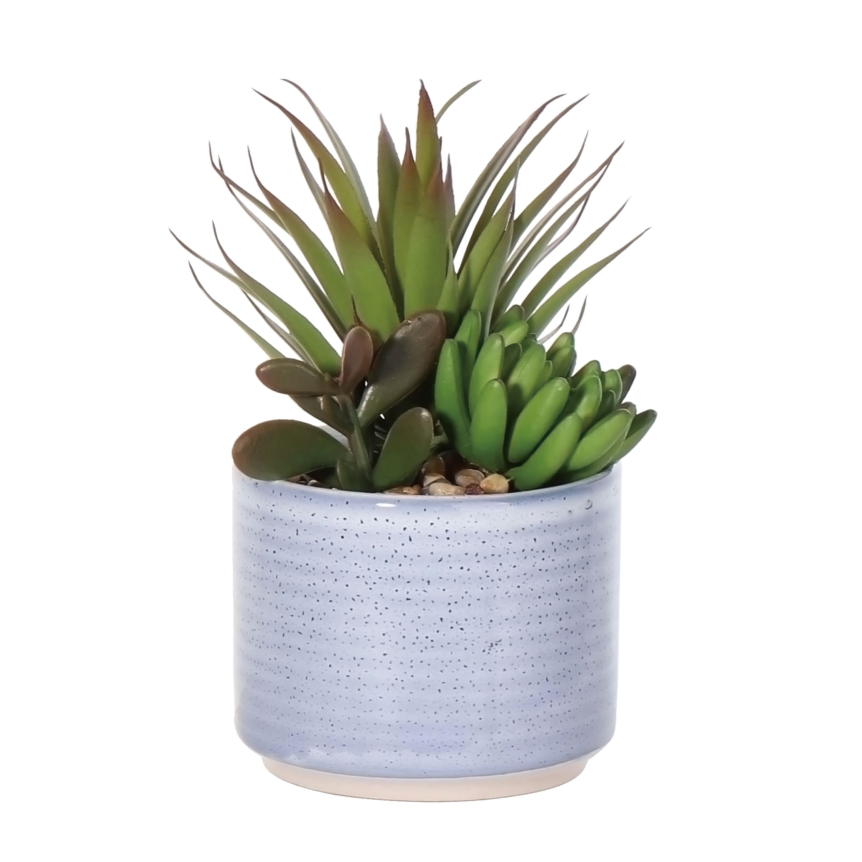 Green 17cm Succulent Pot with artificial plant in Blue Speckled Ceramic Pot