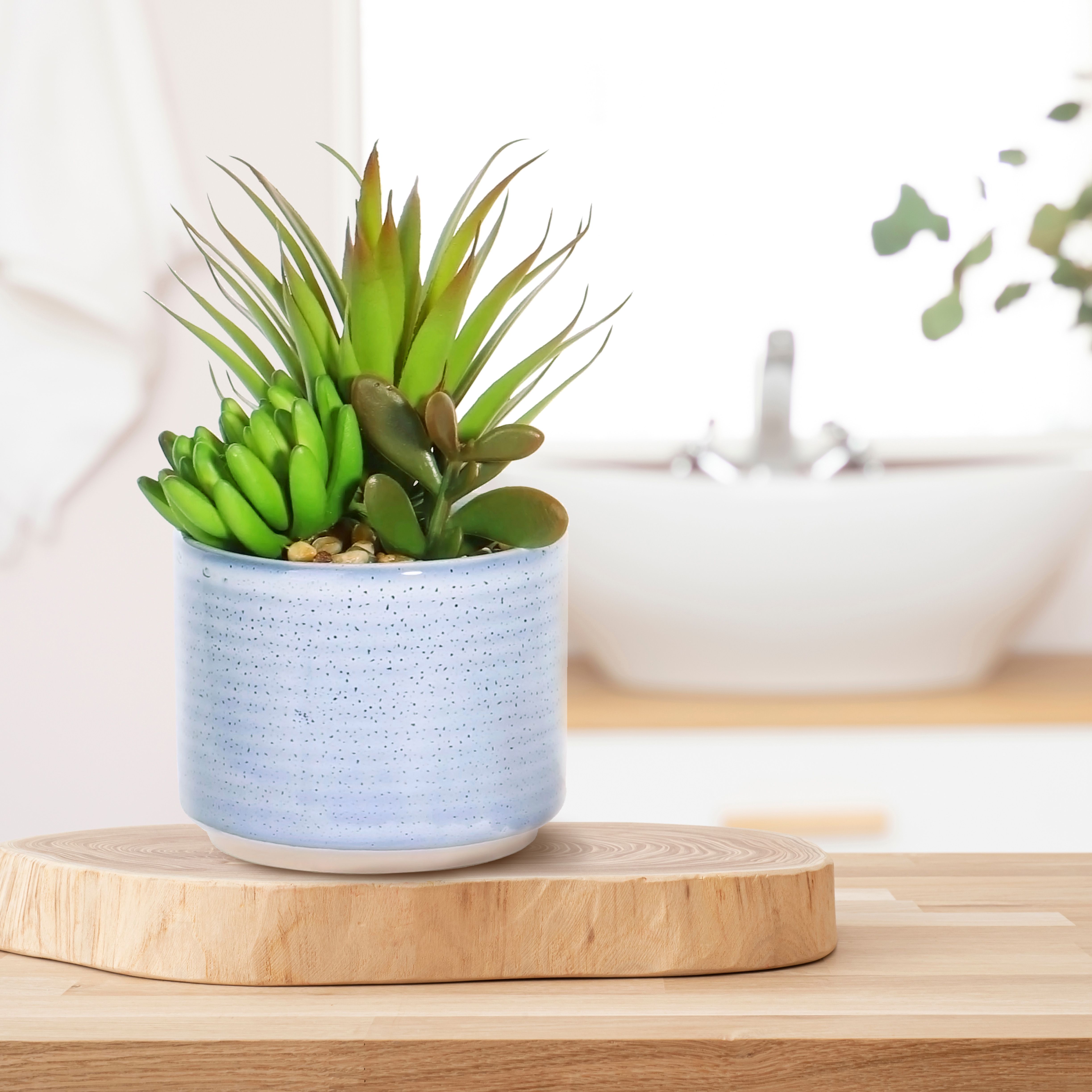 Green 17cm Succulent Pot with artificial plant in Blue Speckled Ceramic Pot