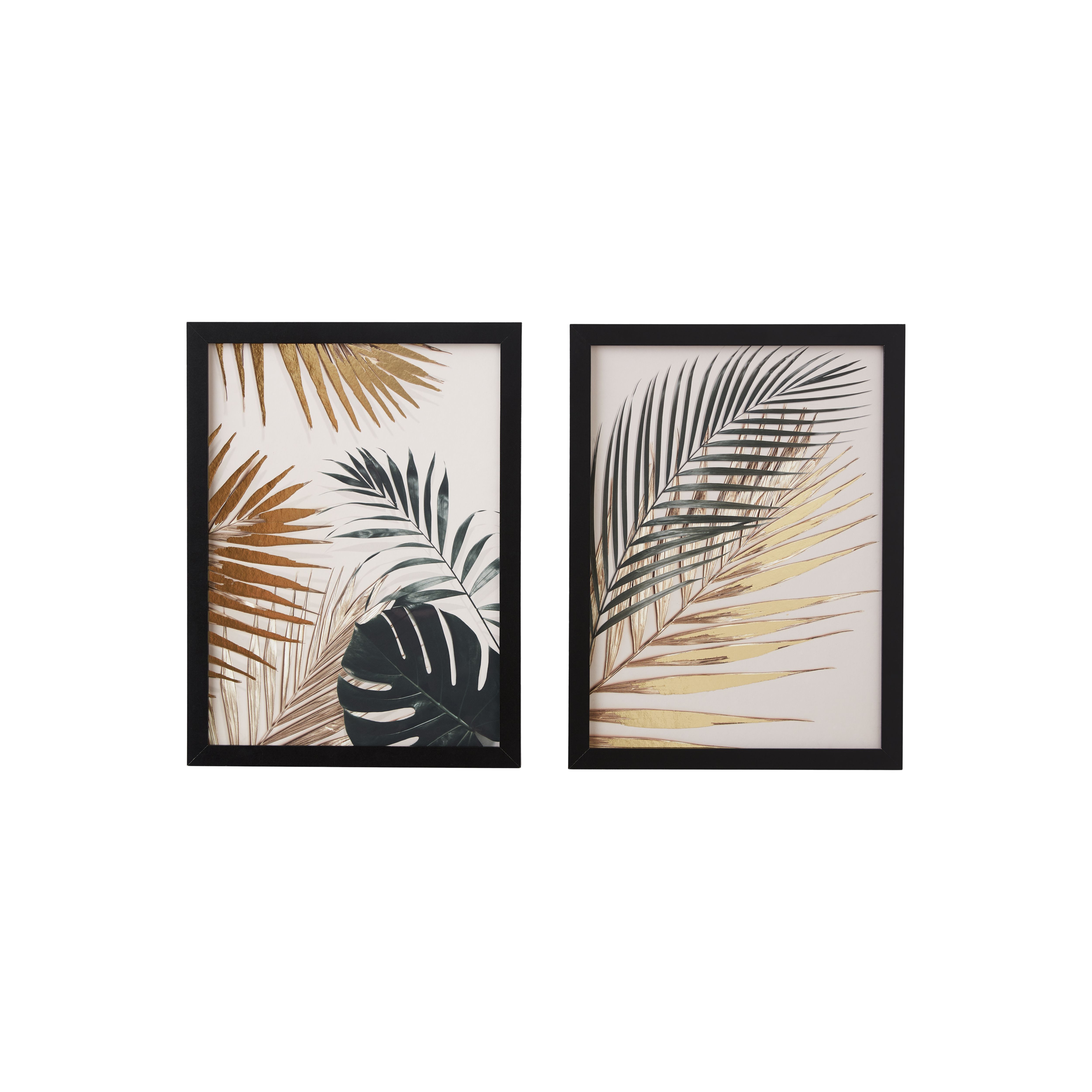 Green & Gold Foil Leaf Black & gold Framed print (H)40cm x (W)30cm
