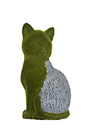 Grey & green Aluminium, polyurethane (PU) & steel Flocked cat Garden ornament (H)35cm