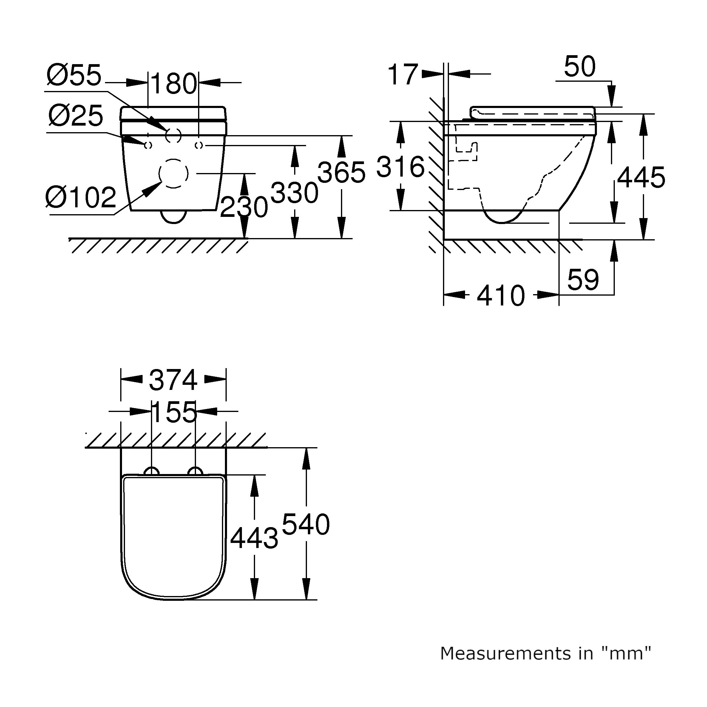 Grohe Euro Alpine White Wall hung Comfort height Toilet with Soft close seat & Low level cistern
