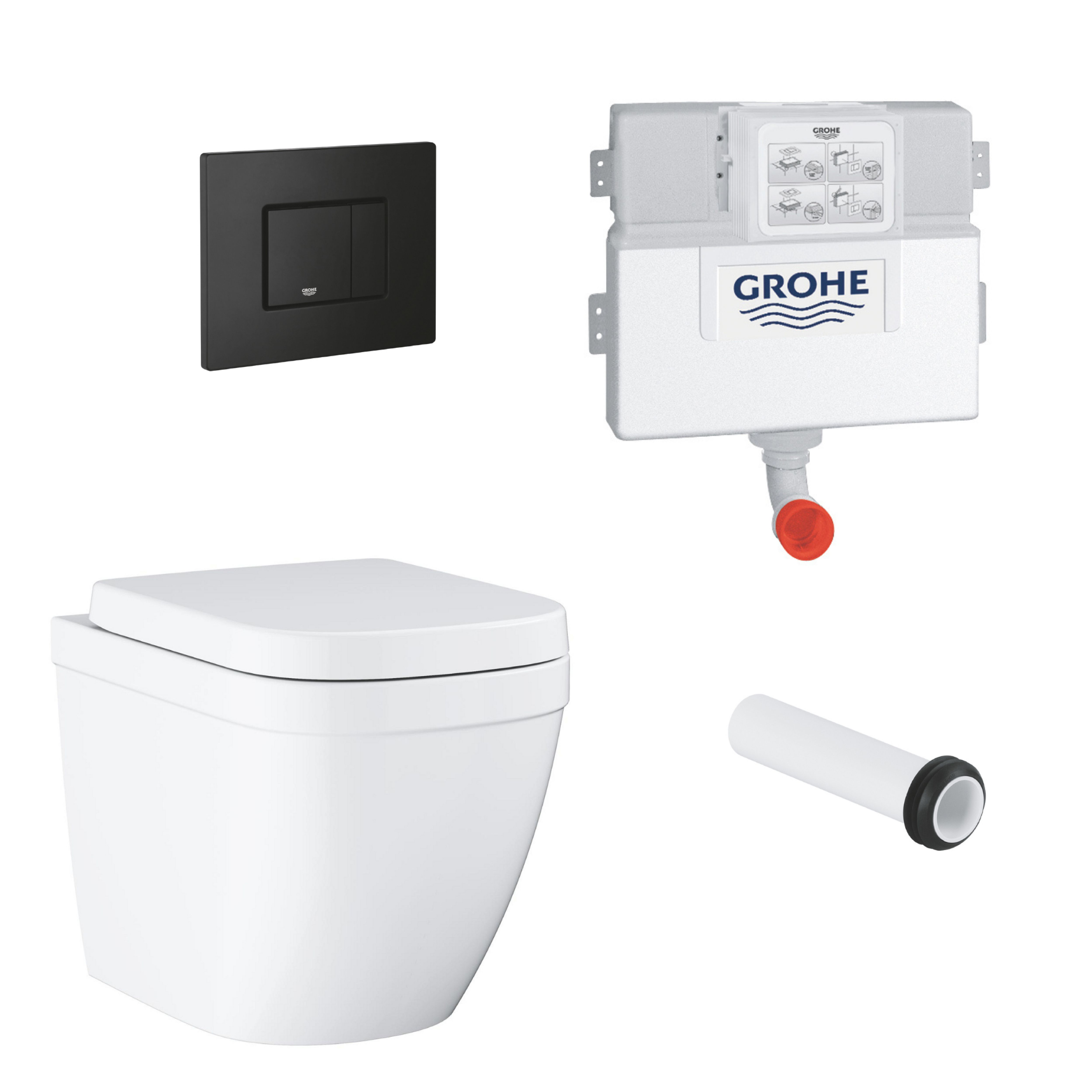 Grohe Euro Even Alpine White Standard Back to wall close-coupled Oval Toilet & cistern with Soft close seat & matt black plate
