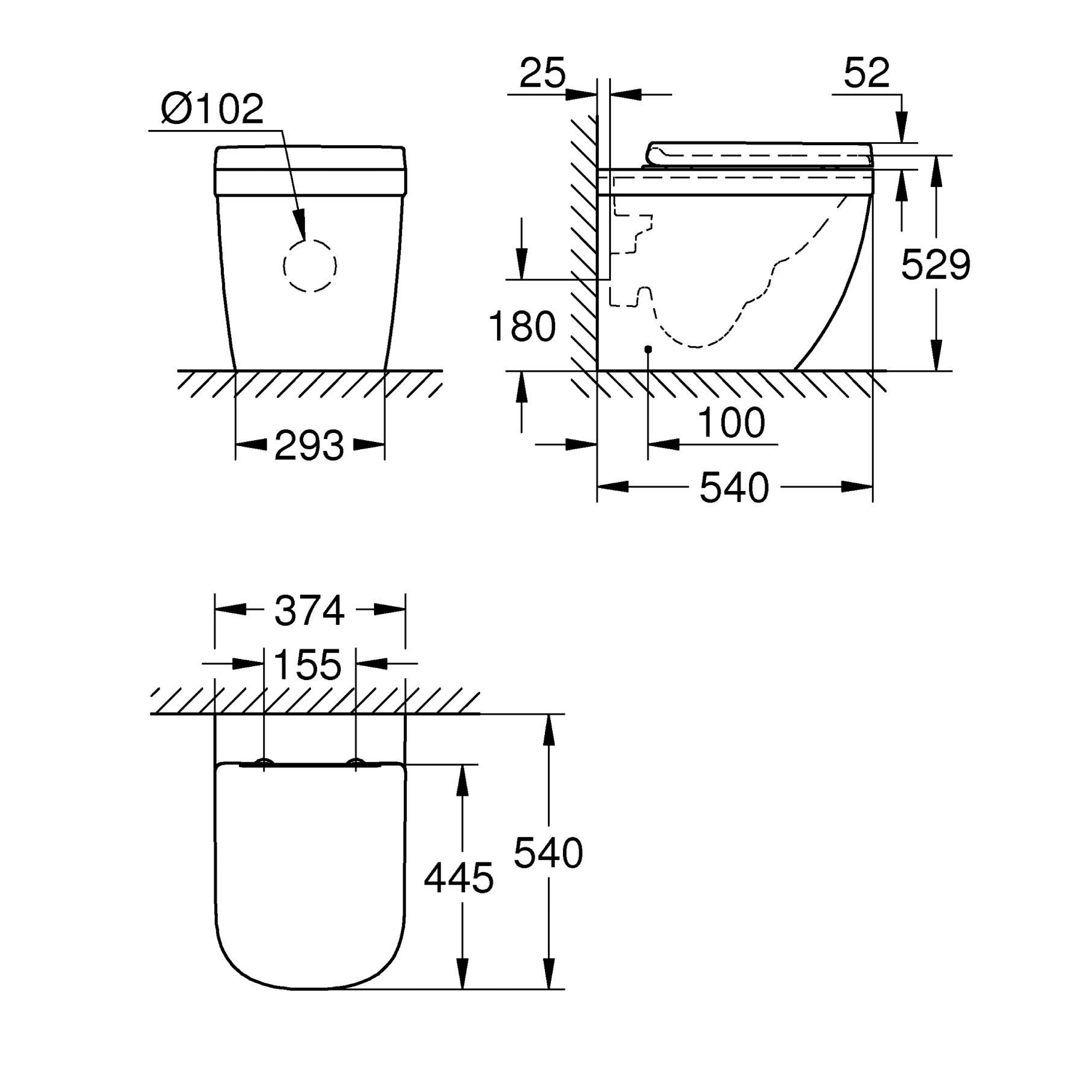 Grohe Euro Even Alpine White Standard Back to wall close-coupled Oval Toilet & cistern with Soft close seat & matt black plate