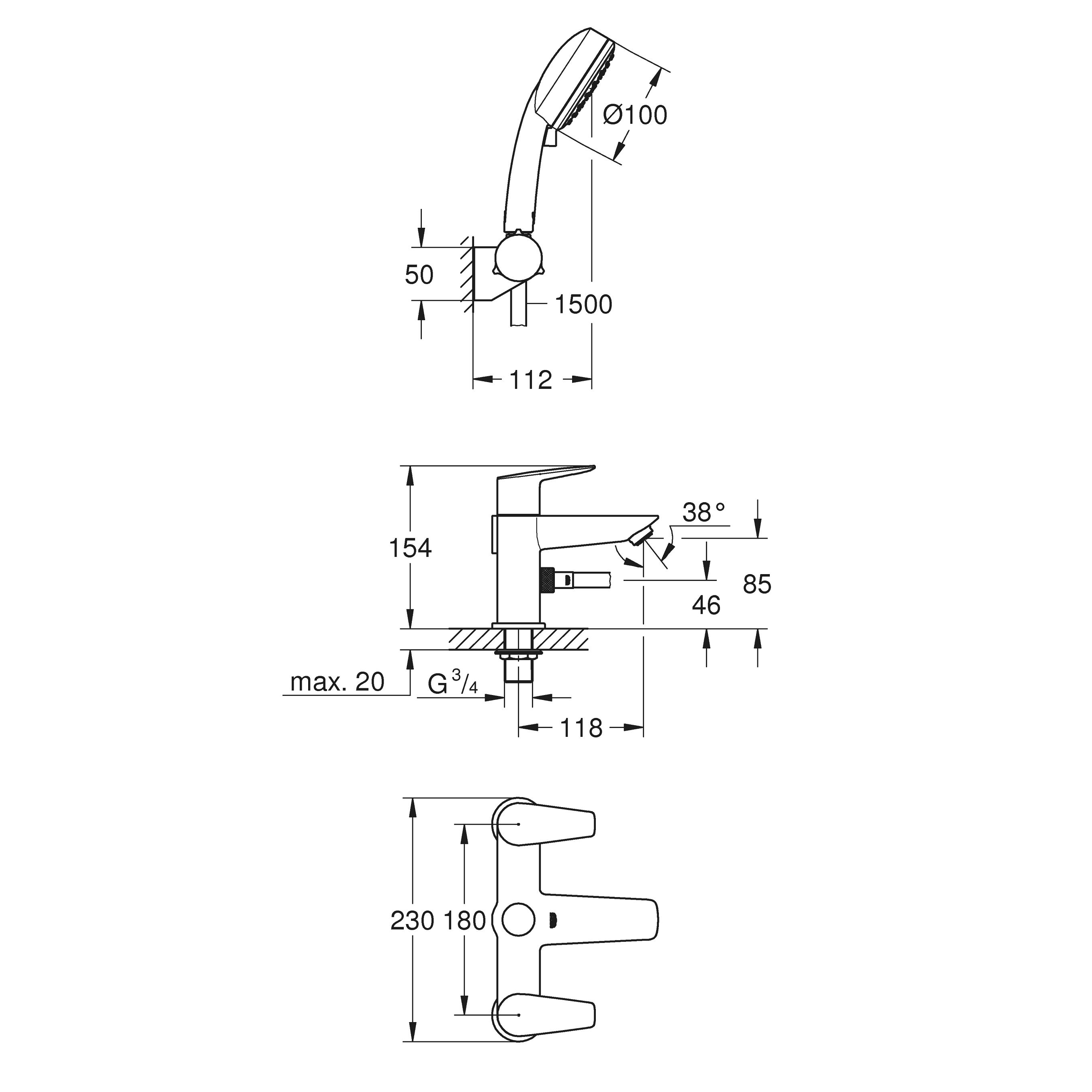 Grohe Start Edge Diverter Bath shower mixer tap with shower kit