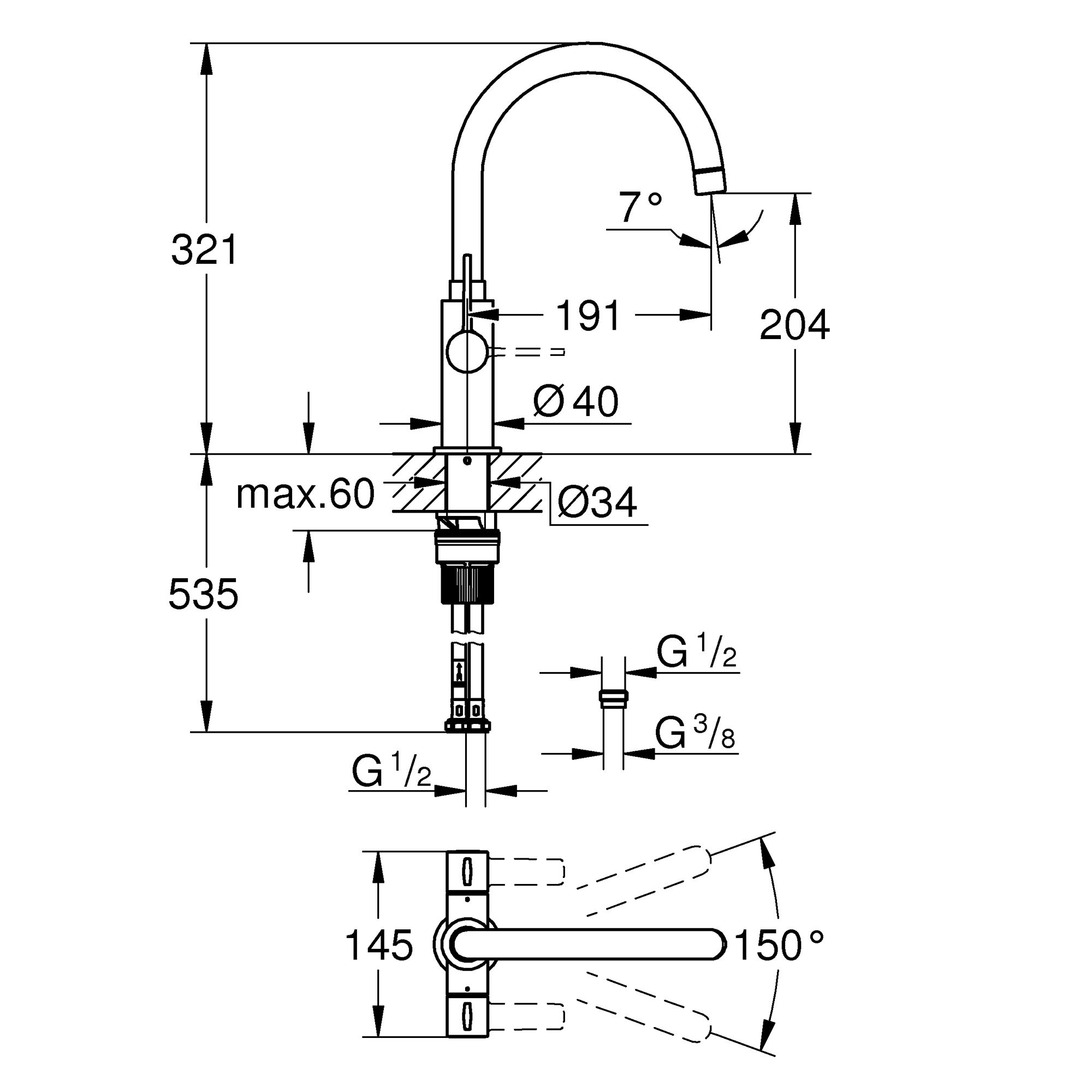 Grohe Start Matt Black Chrome-plated Kitchen Dual lever Tap