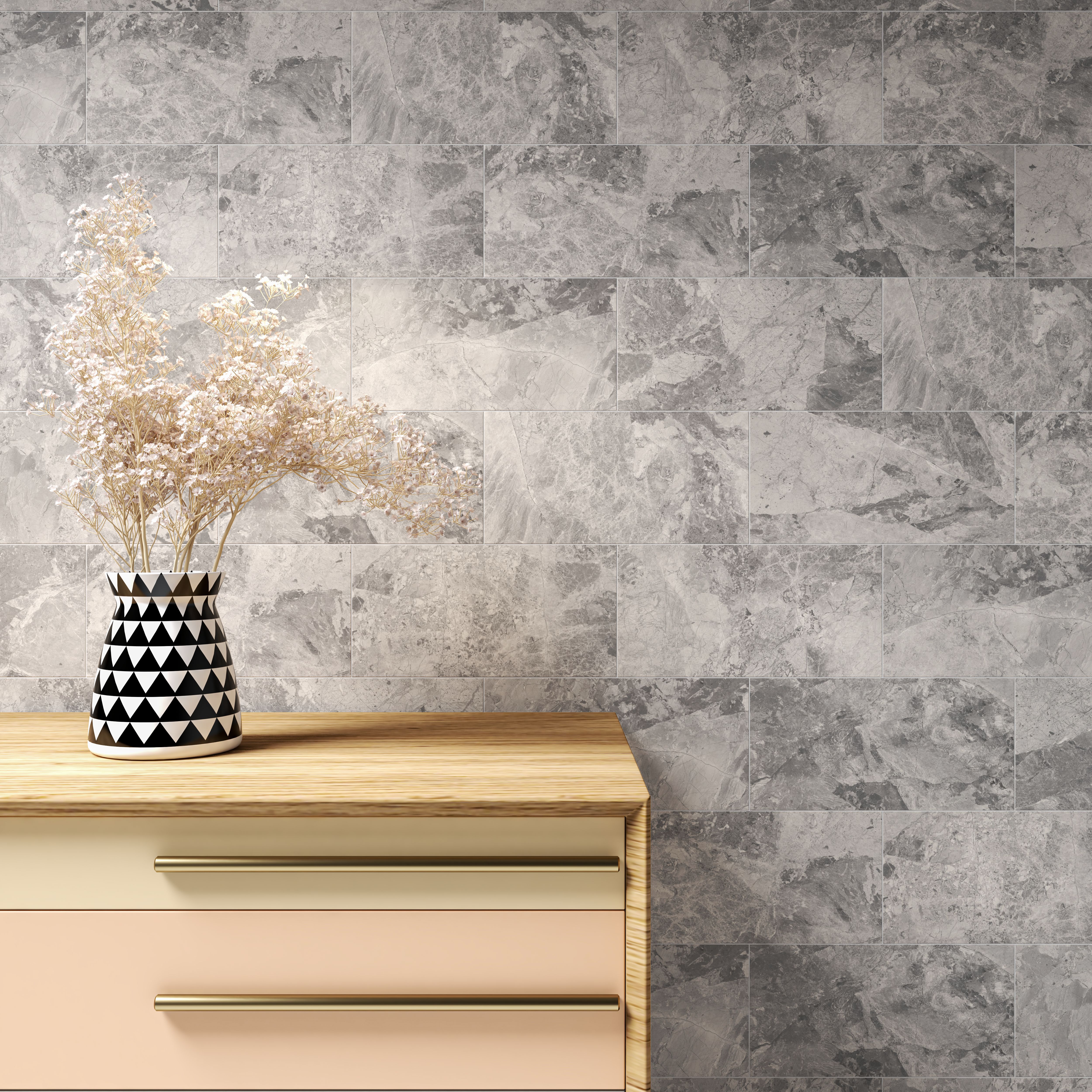 Harmony Grey Gloss Marble effect Ceramic Wall Tile, Pack of 8, (L)500mm (W)250mm
