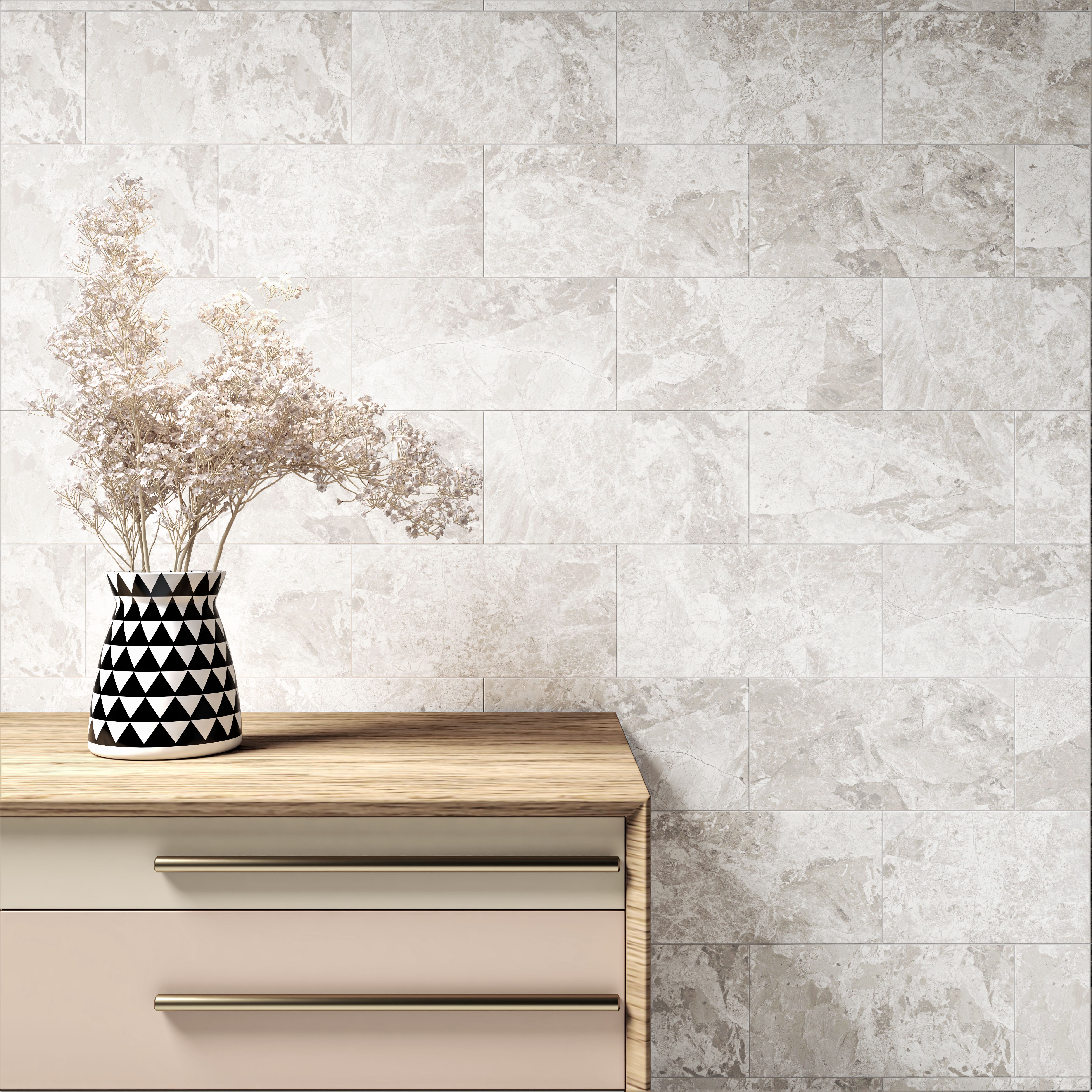 Harmony White Gloss Marble effect Ceramic Wall Tile, Pack of 8, (L)500mm (W)250mm