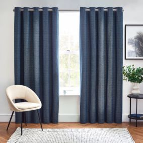 Harris Blue Herringbone Chenille Lined Eyelet Curtains (W)167cm (L)228cm, Pair